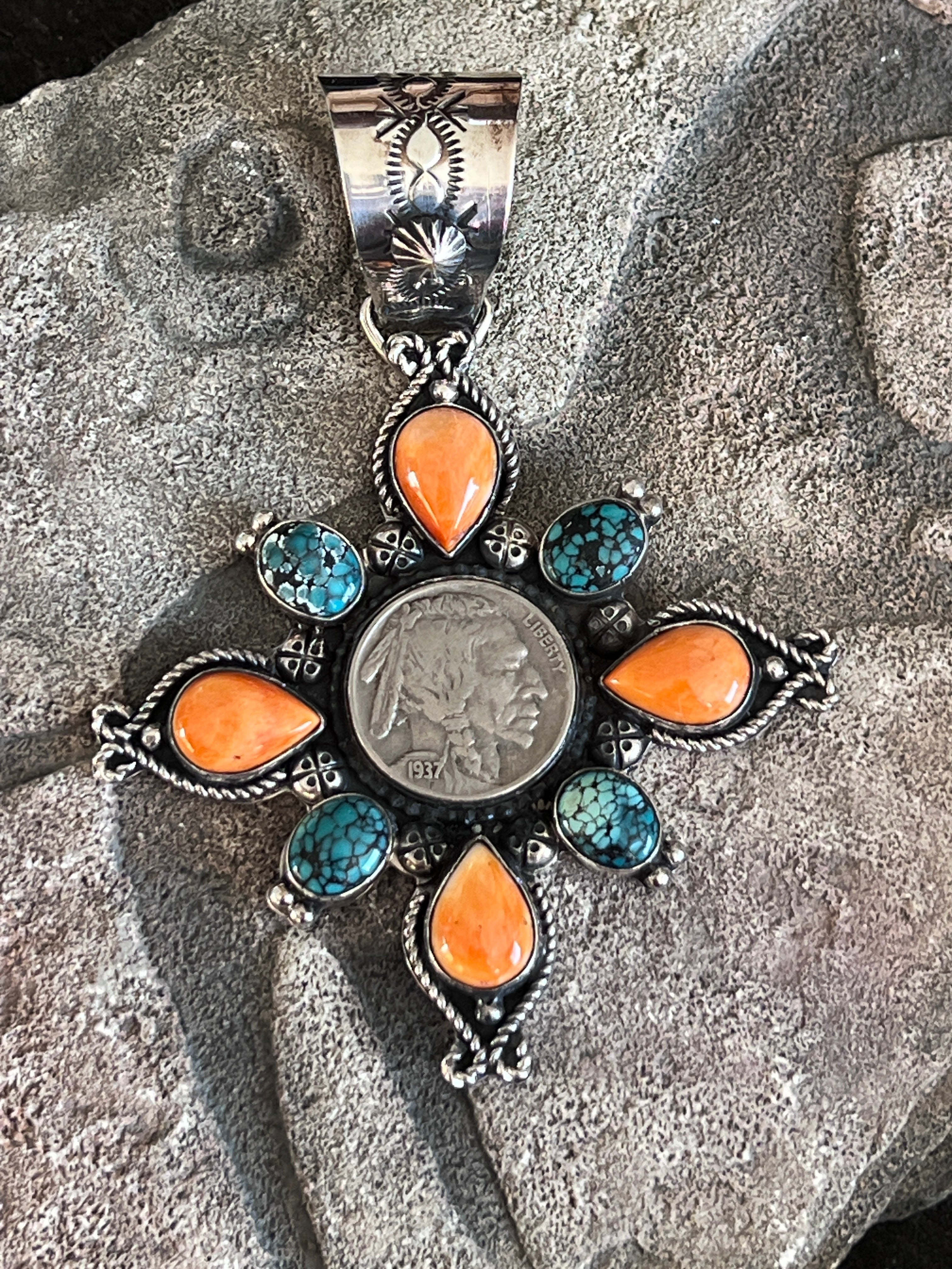 Rosella Paxson Sterling Silver, Buffalo Nickel, Hubei Turquoise & Spiny Oyster Cluster Pendant