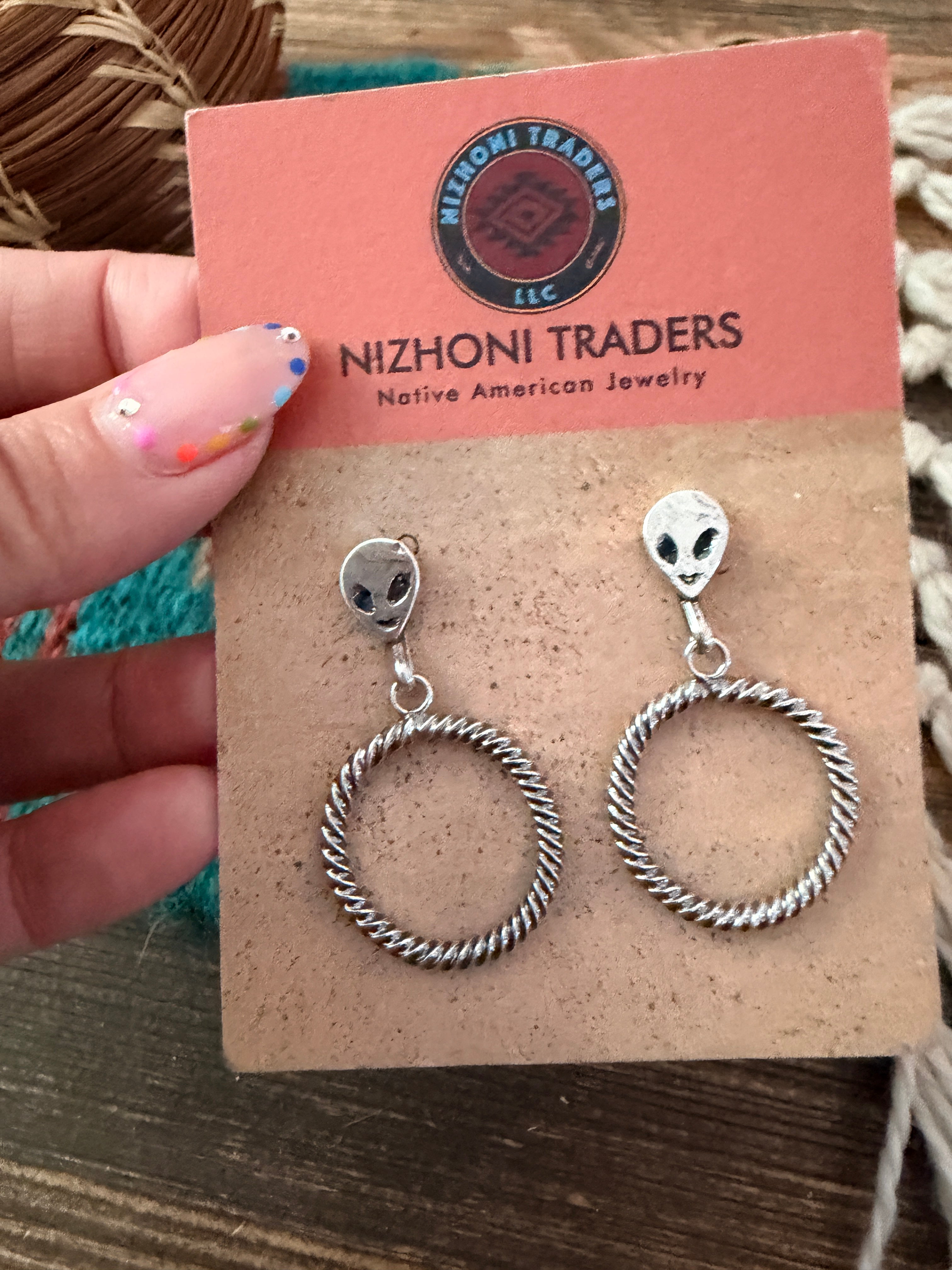 Handcrafted Sterling Silver Alien Dangle Hoop Earrings