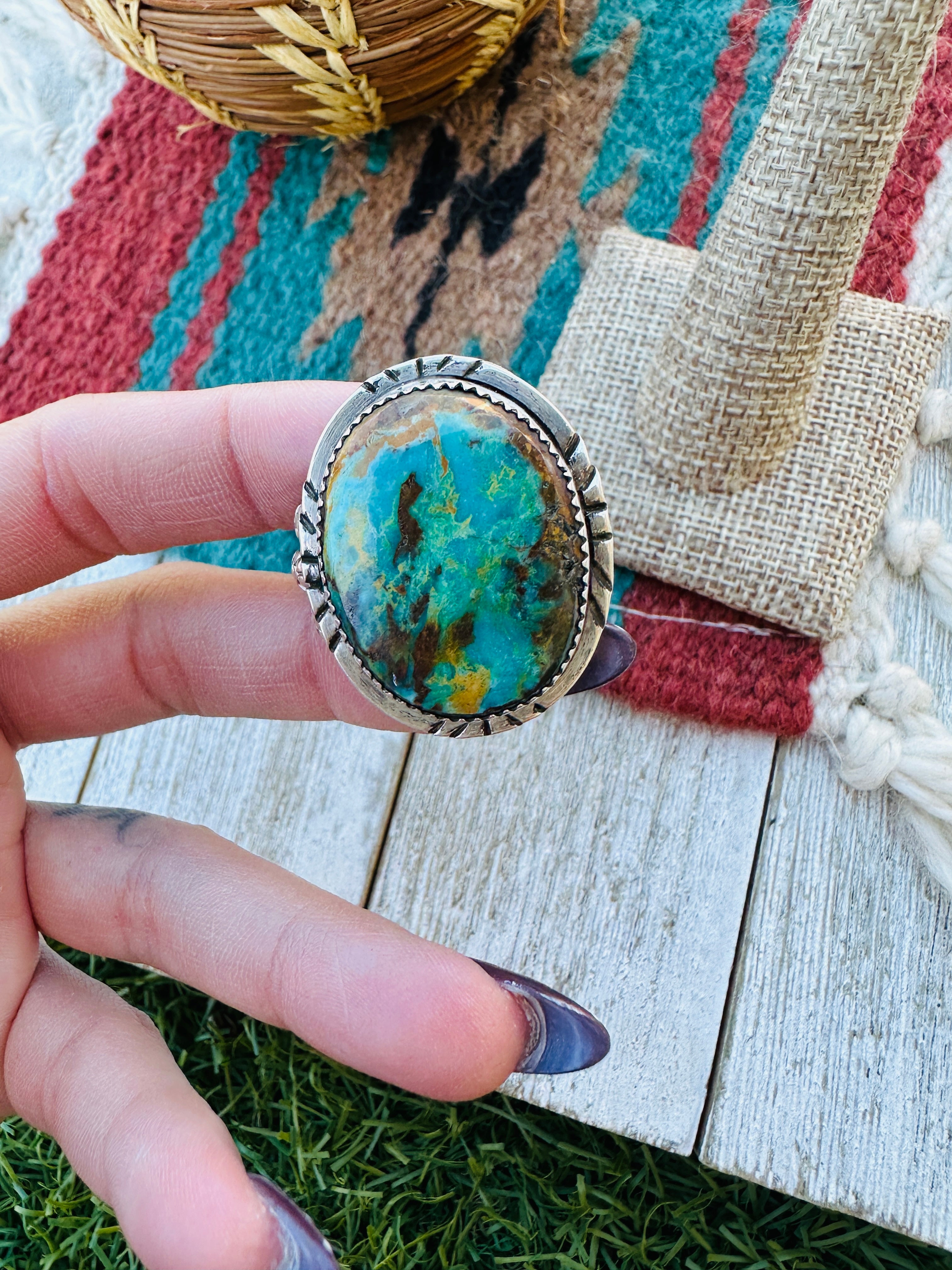Handcrafted Turquoise & Sterling Silver Ring Size 12