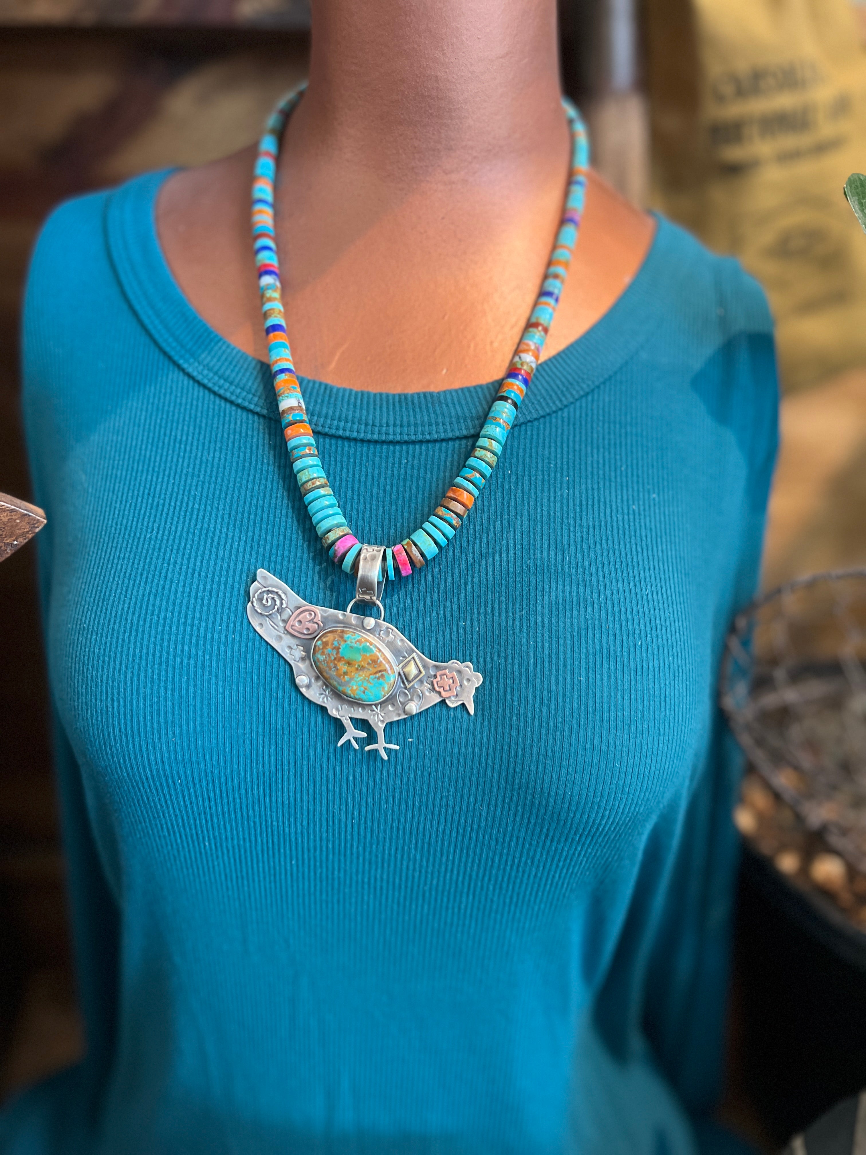 The Nizhoni Cluckers: Hand Stamped and Layered Sterling Silver, Brass, Copper & Kingman Turquoise Chicken Pendants by Kimari Somers