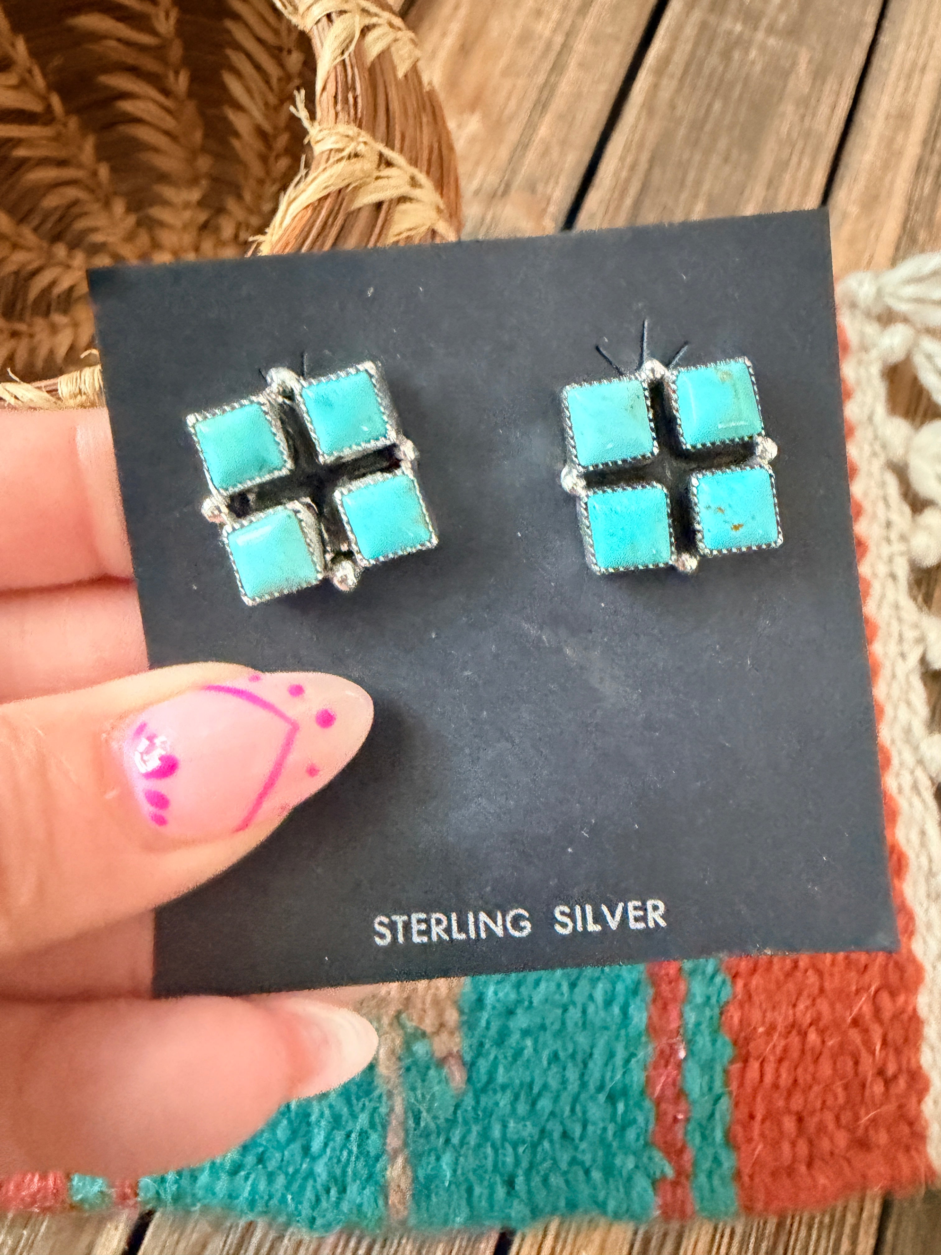 Handcrafted Turquoise & Sterling Silver Cluster Post Earrings