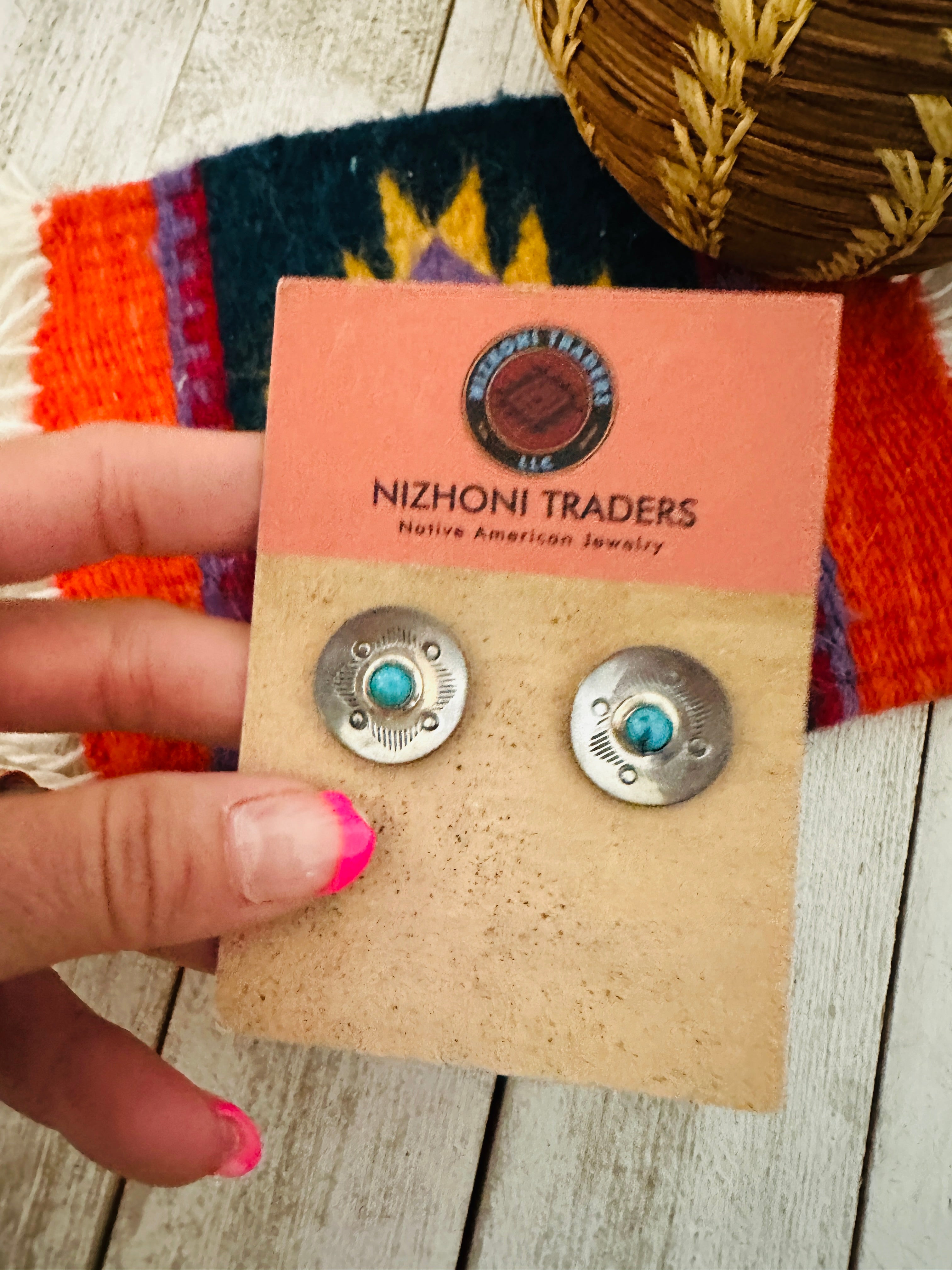 Navajo Hand Stamped Sterling Silver & Turquoise Concho Stud Earrings