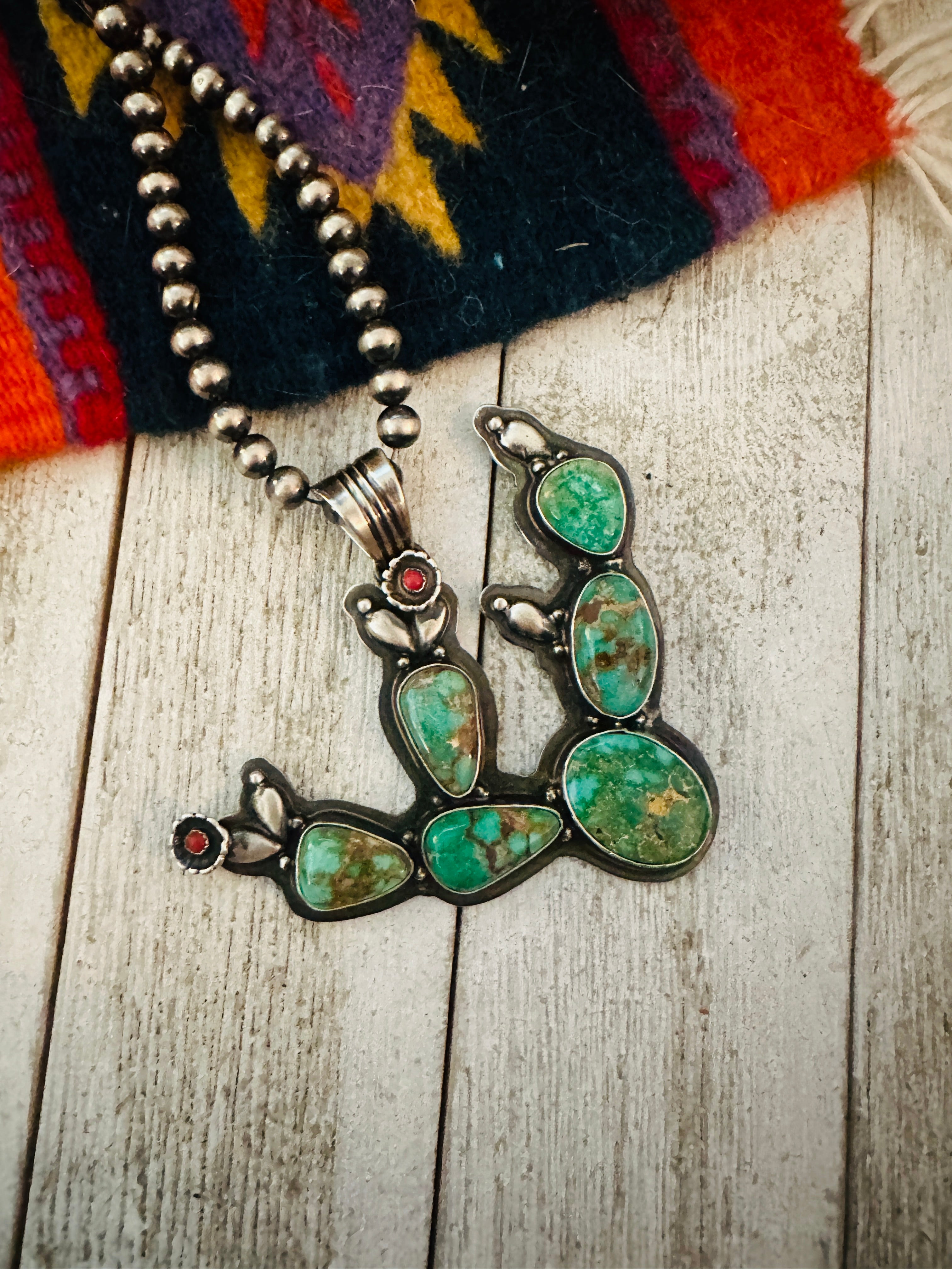 Navajo Turquoise, Coral and Sterling Silver Cactus Pendant