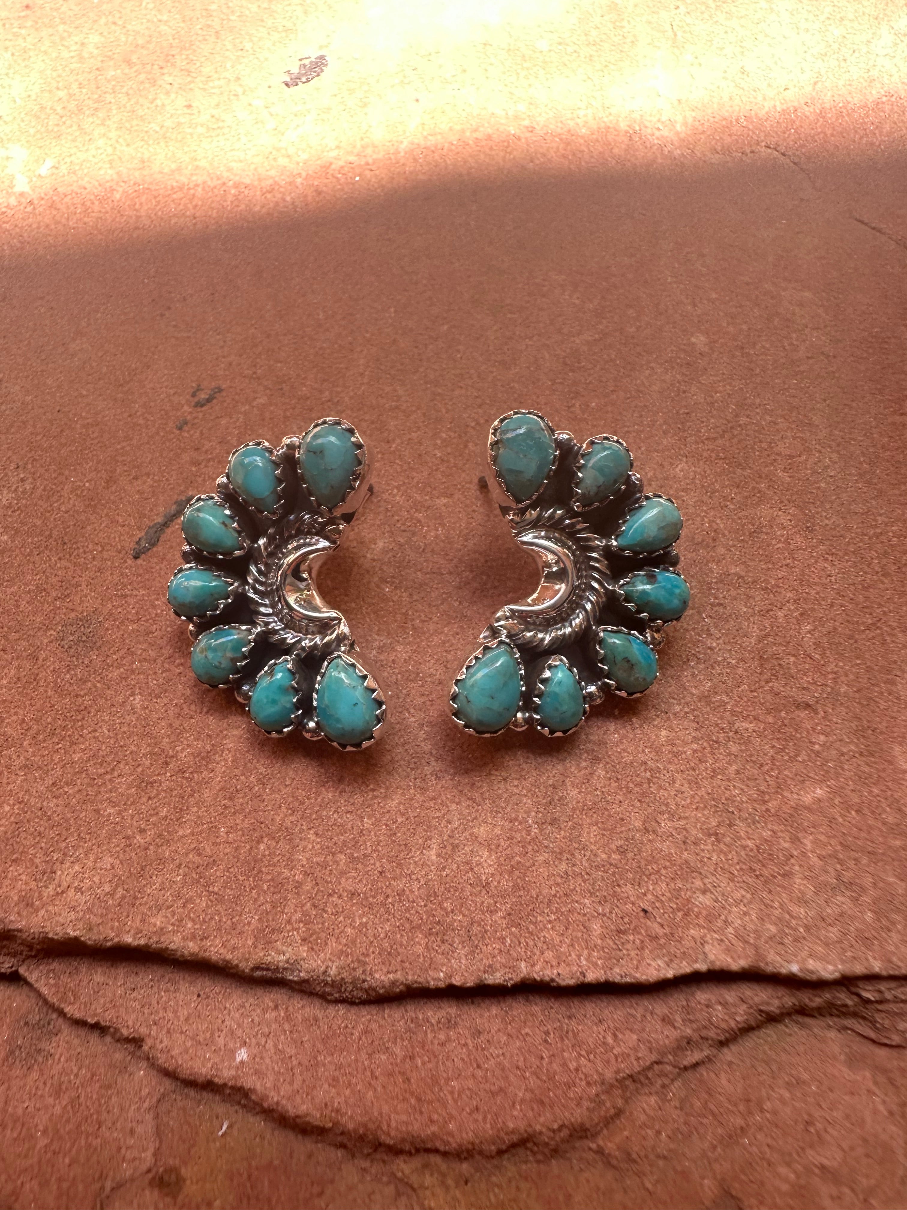 Handmade Sterling Silver & Turquoise Crescent Post Earrings Signed Nizhoni