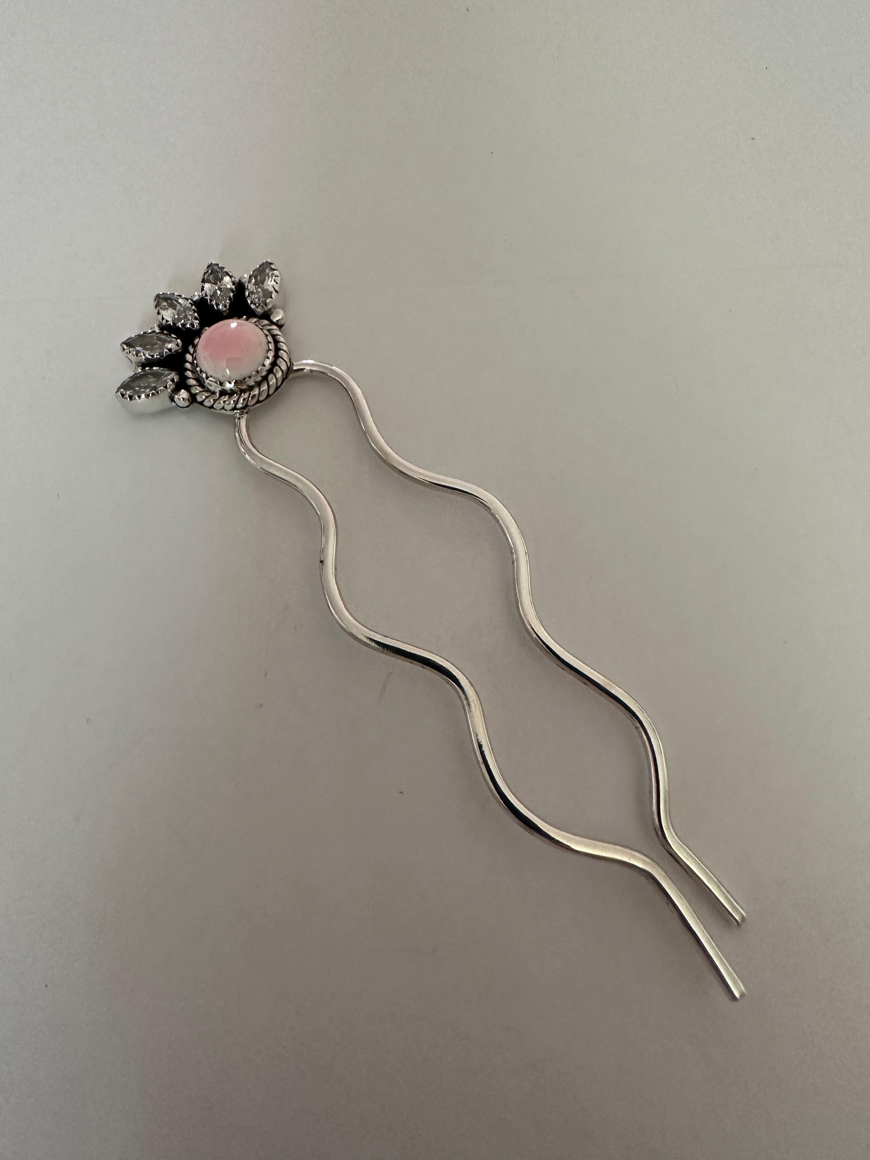 Handmade CZ, Pink Conch & Sterling Silver Hair Pin