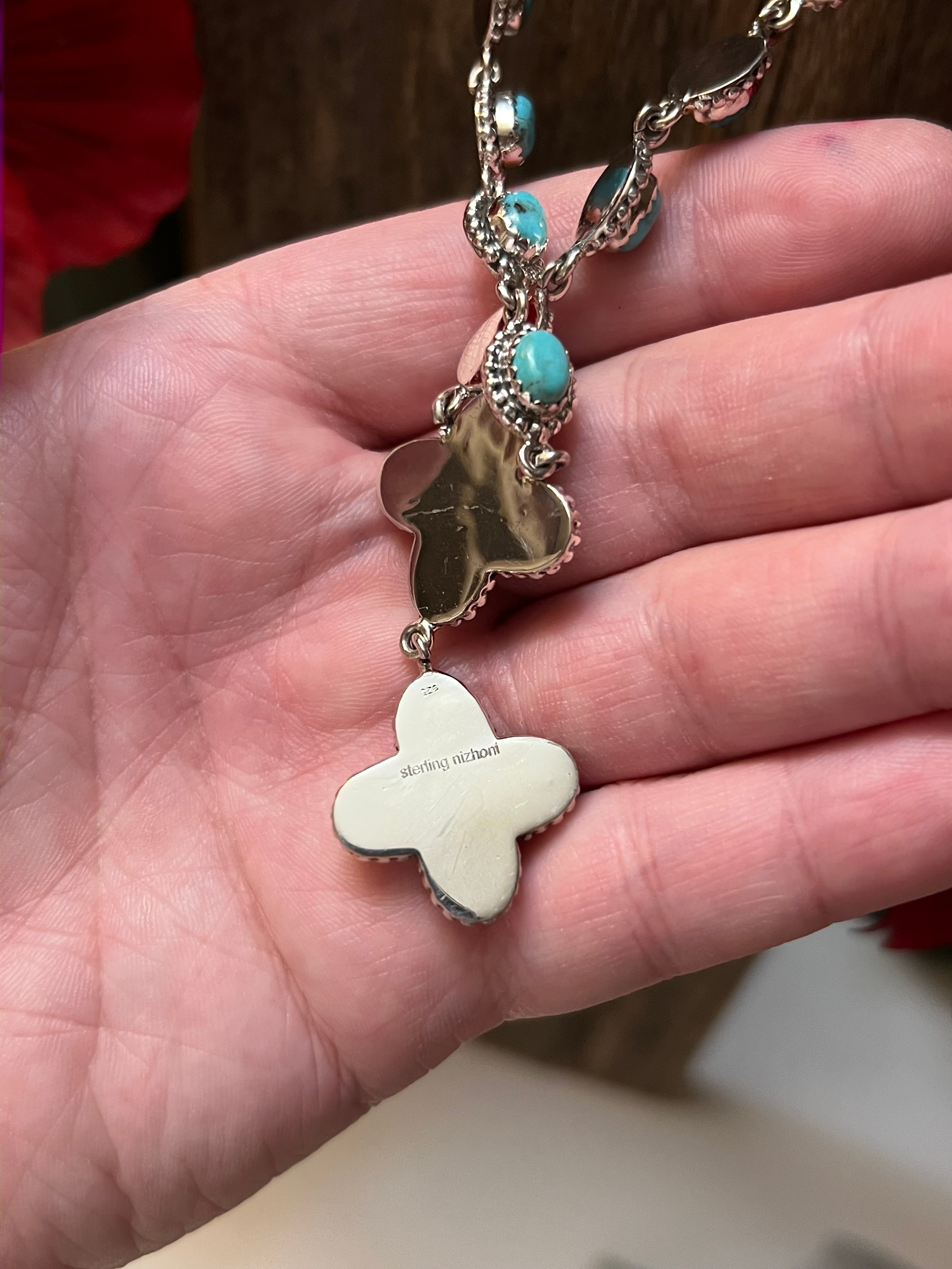 Handmade Sterling Silver, South Hill Turquoise & Spiny Orange Lariat Necklace