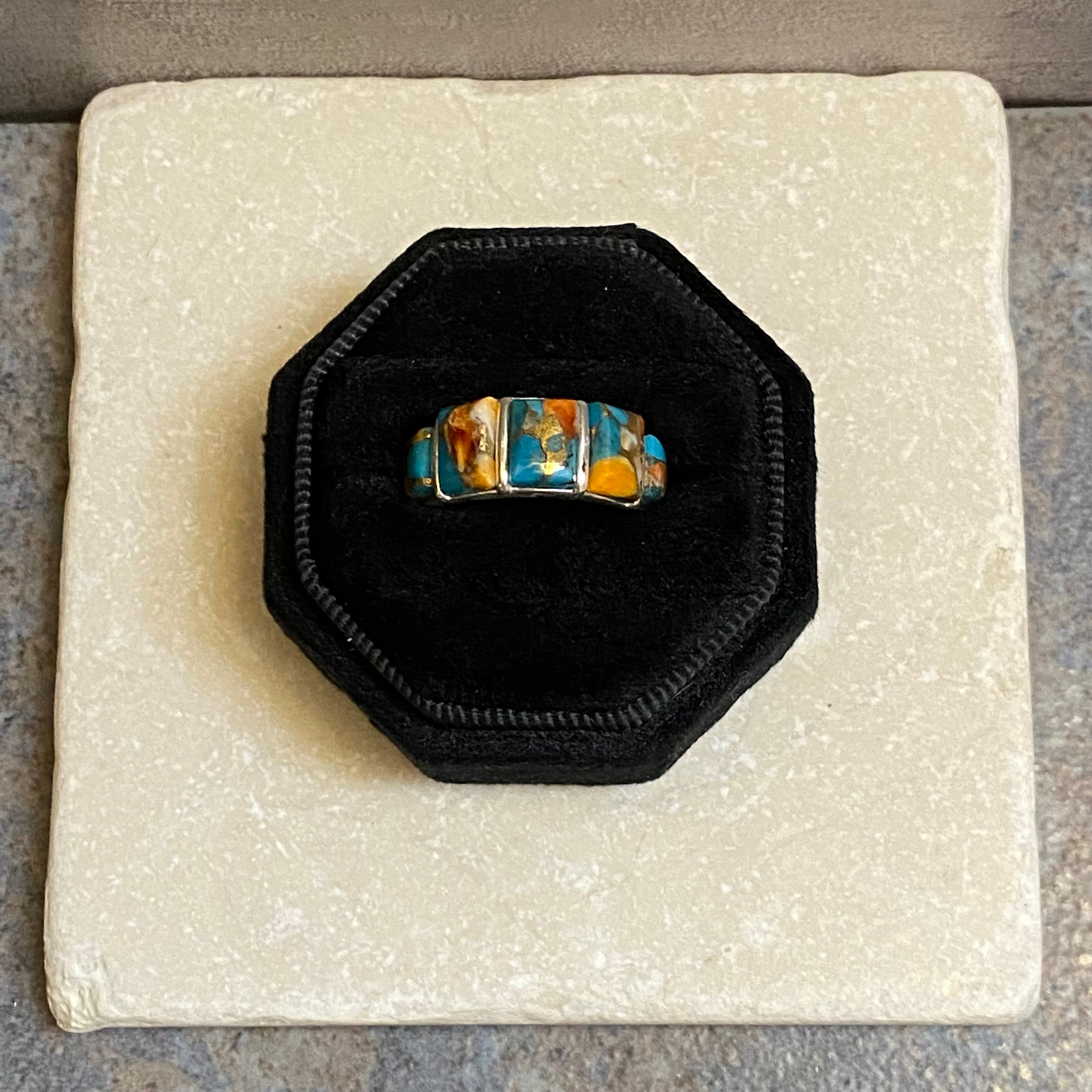 Sterling Silver Five Stone Orange Spiny Turquoise Ring Size 6.5