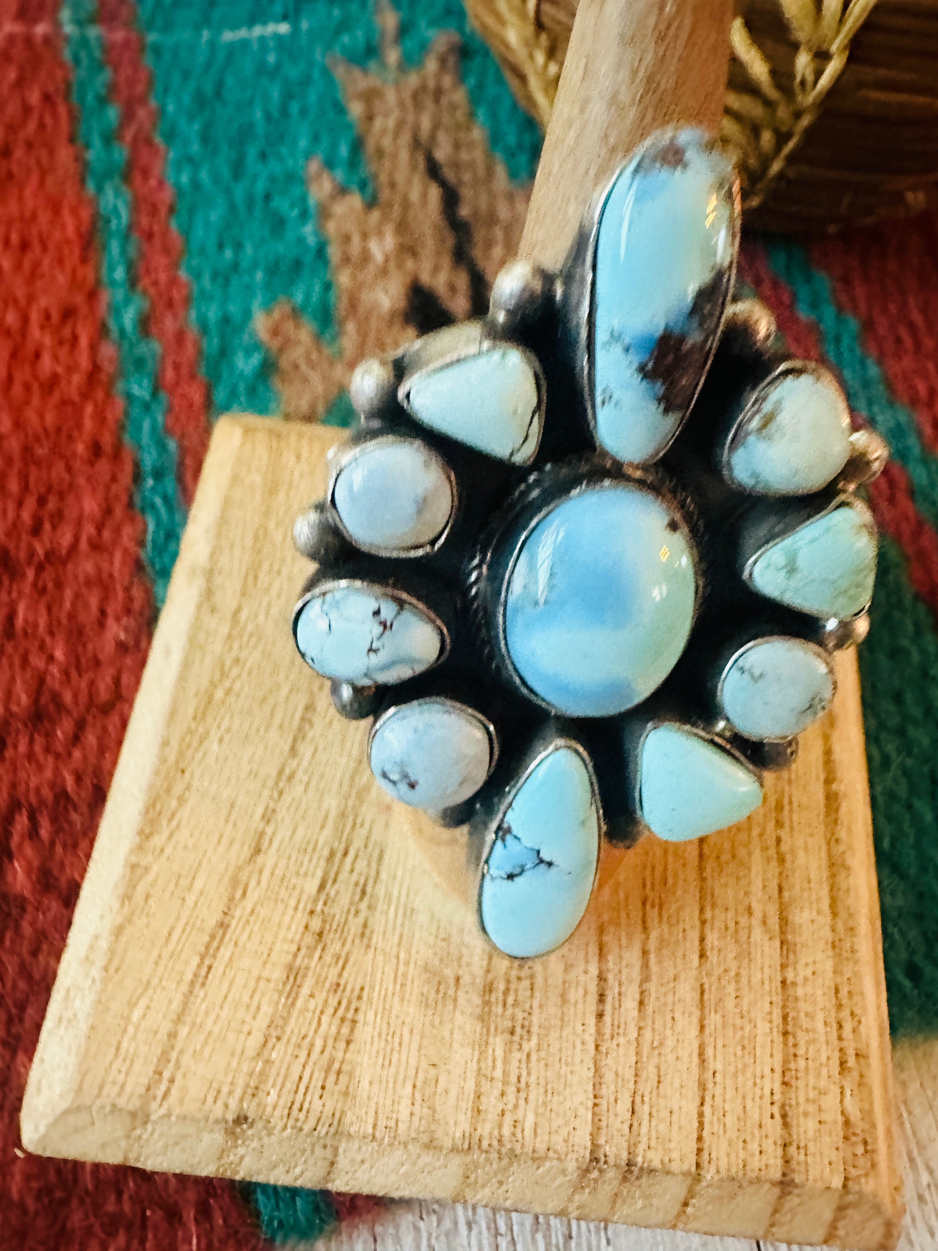 Navajo Golden Hills Turquoise & Sterling Silver Cluster Ring Size 7