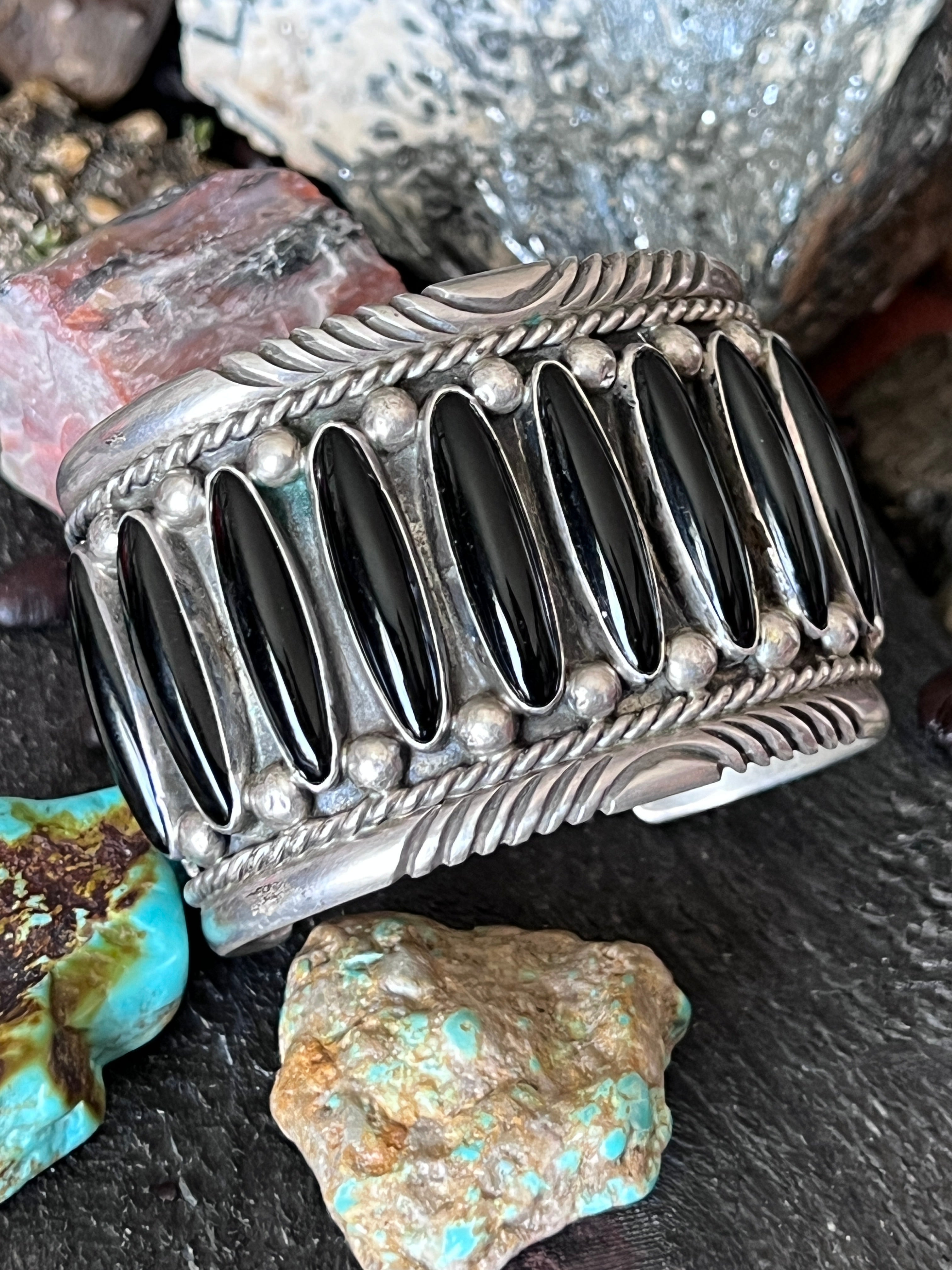 Old Pawn Sterling Silver and Black Onyx Cuff Bracelet by Tommy Moore