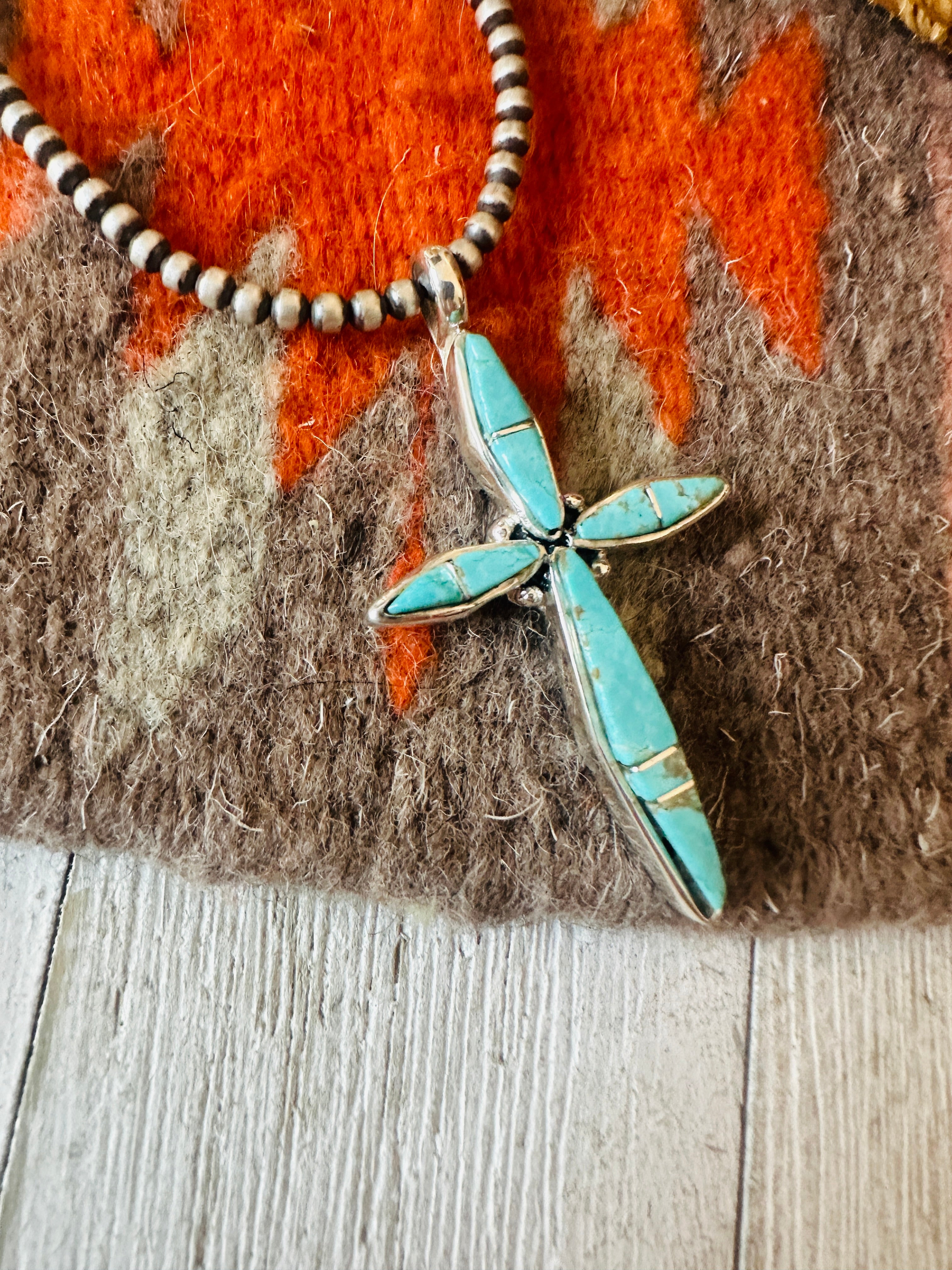 Navajo Turquoise & Sterling Silver Inlay Cross Pendant