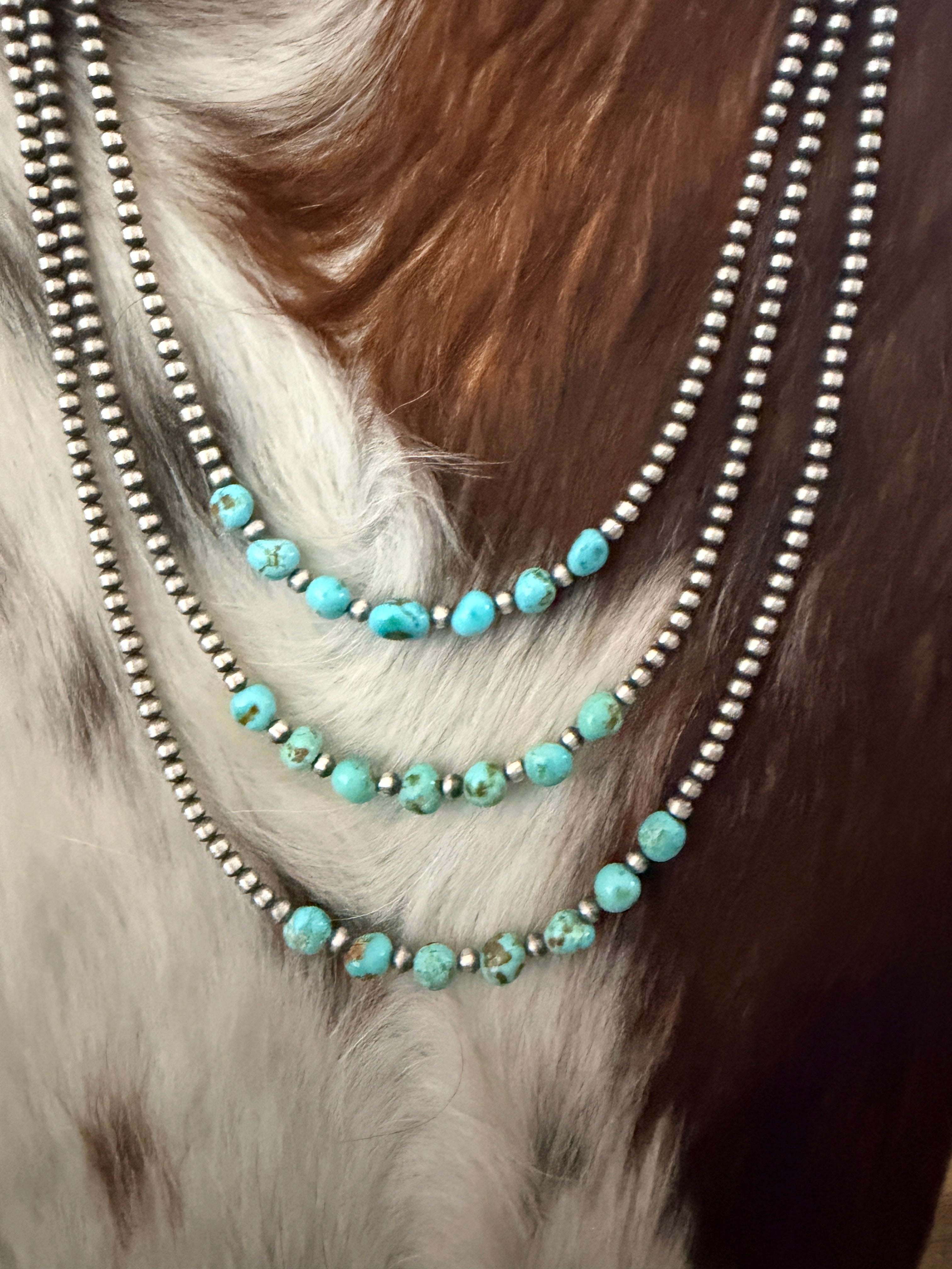 Handcrafted Turquoise & 3mm Sterling Silver Pearl Beaded Necklace