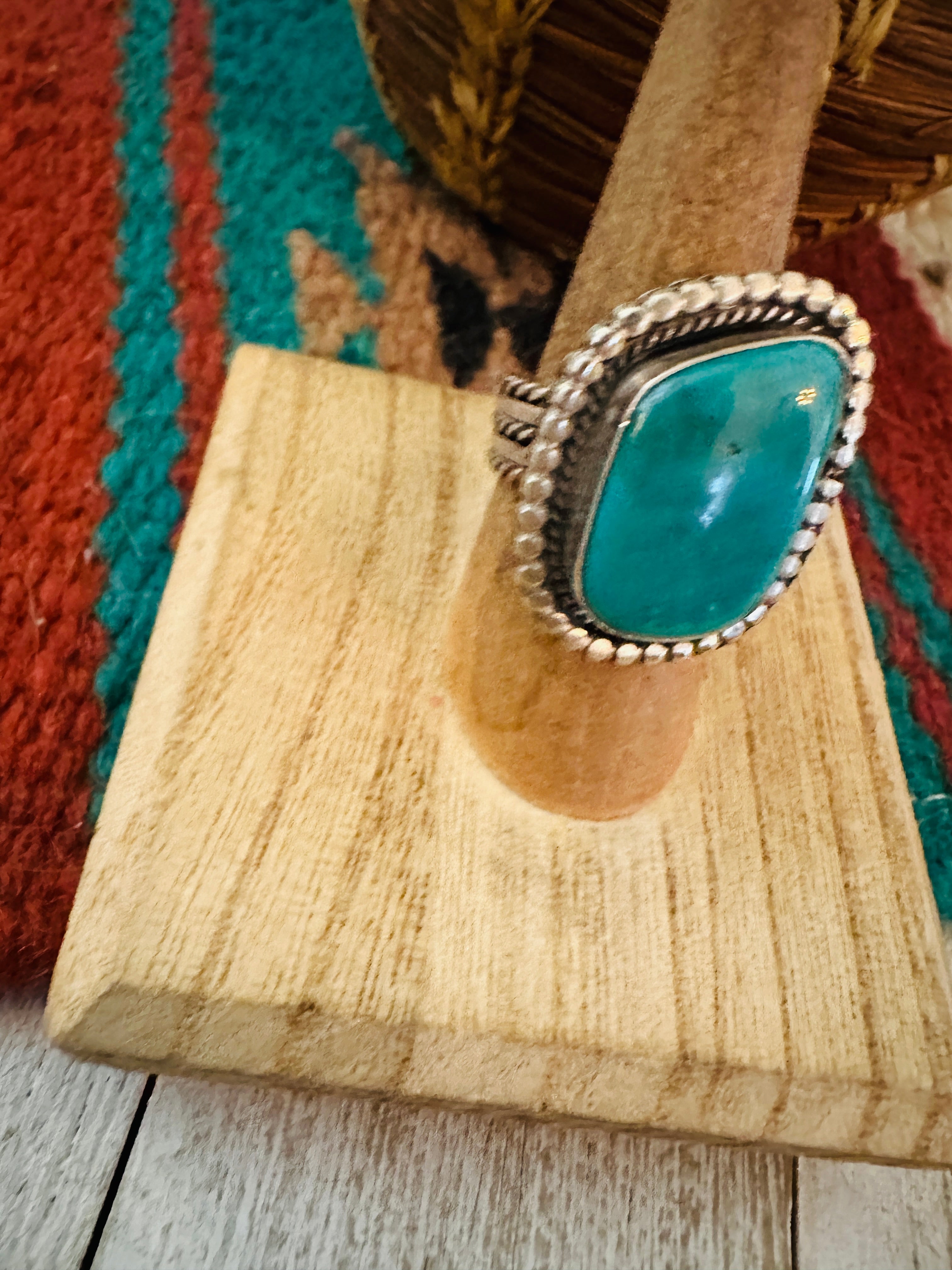 Navajo Sterling Silver & Kingman Turquoise Ring Size 7.5