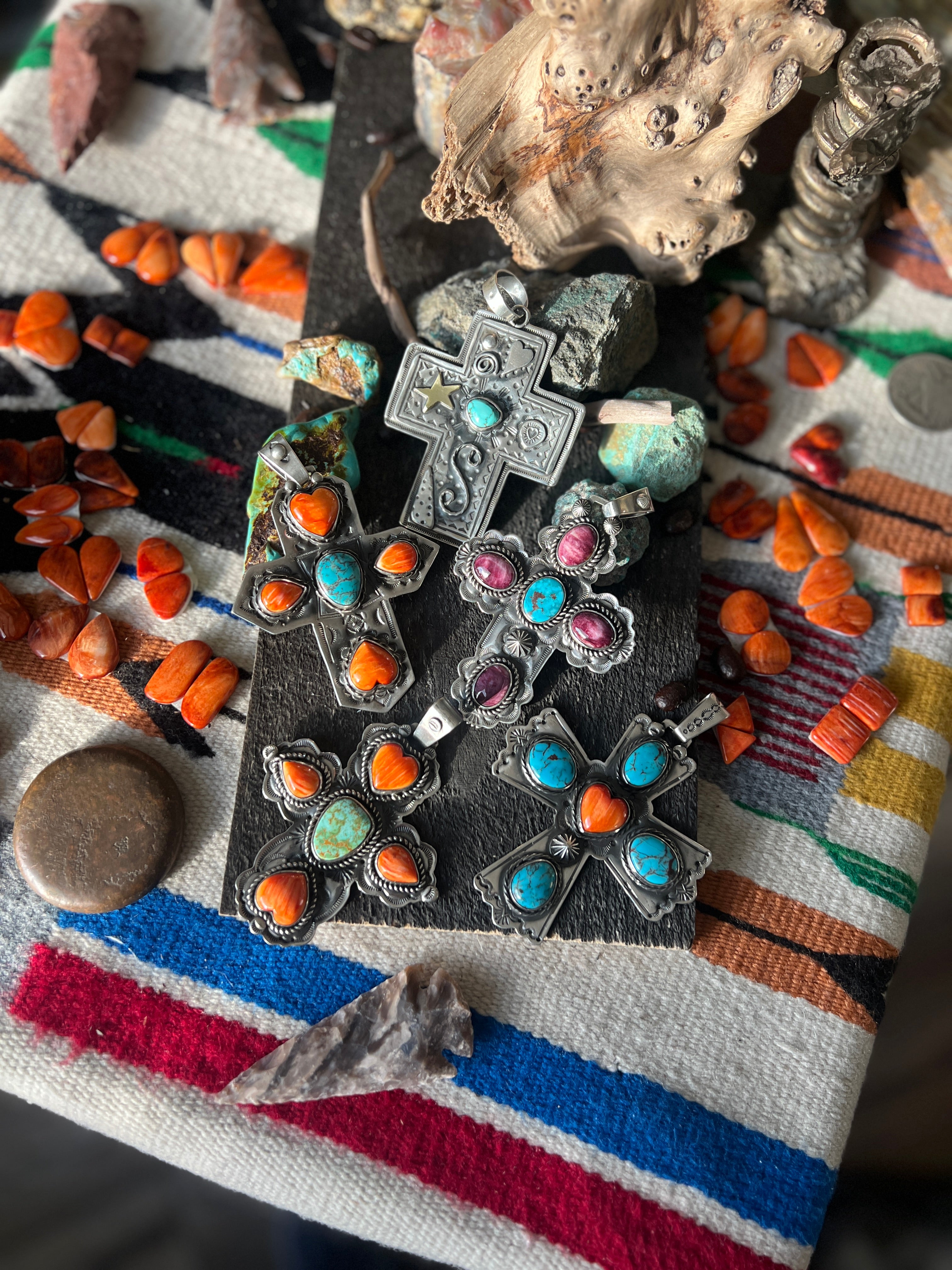 Hand Stamped Sterling Silver & Turquoise Cross Pendant by Kimari Somers