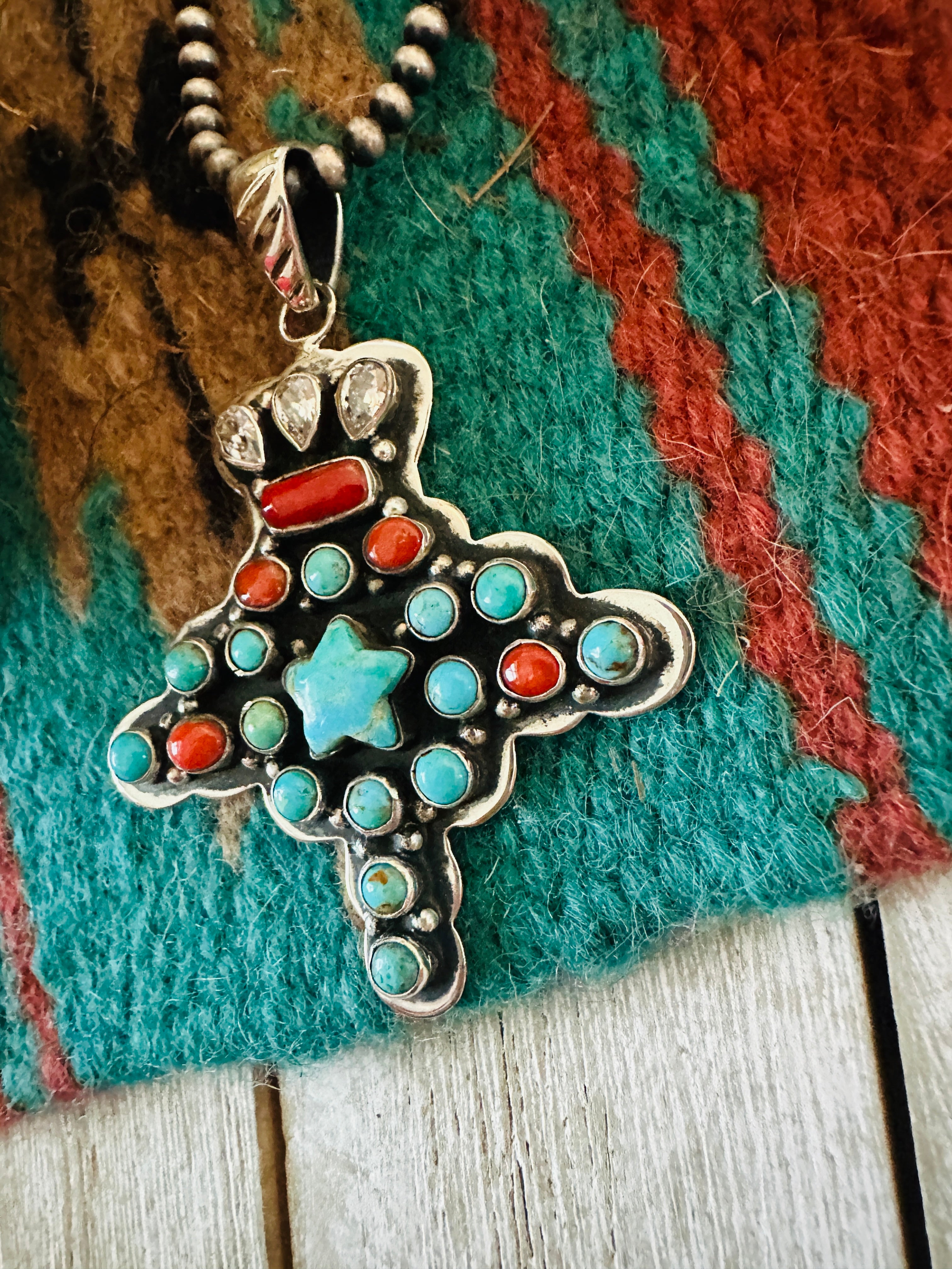 ** Christmas Collection ** Handmade Sterling Silver, Turquoise, Coral & CZ Pendant Signed Nizhoni