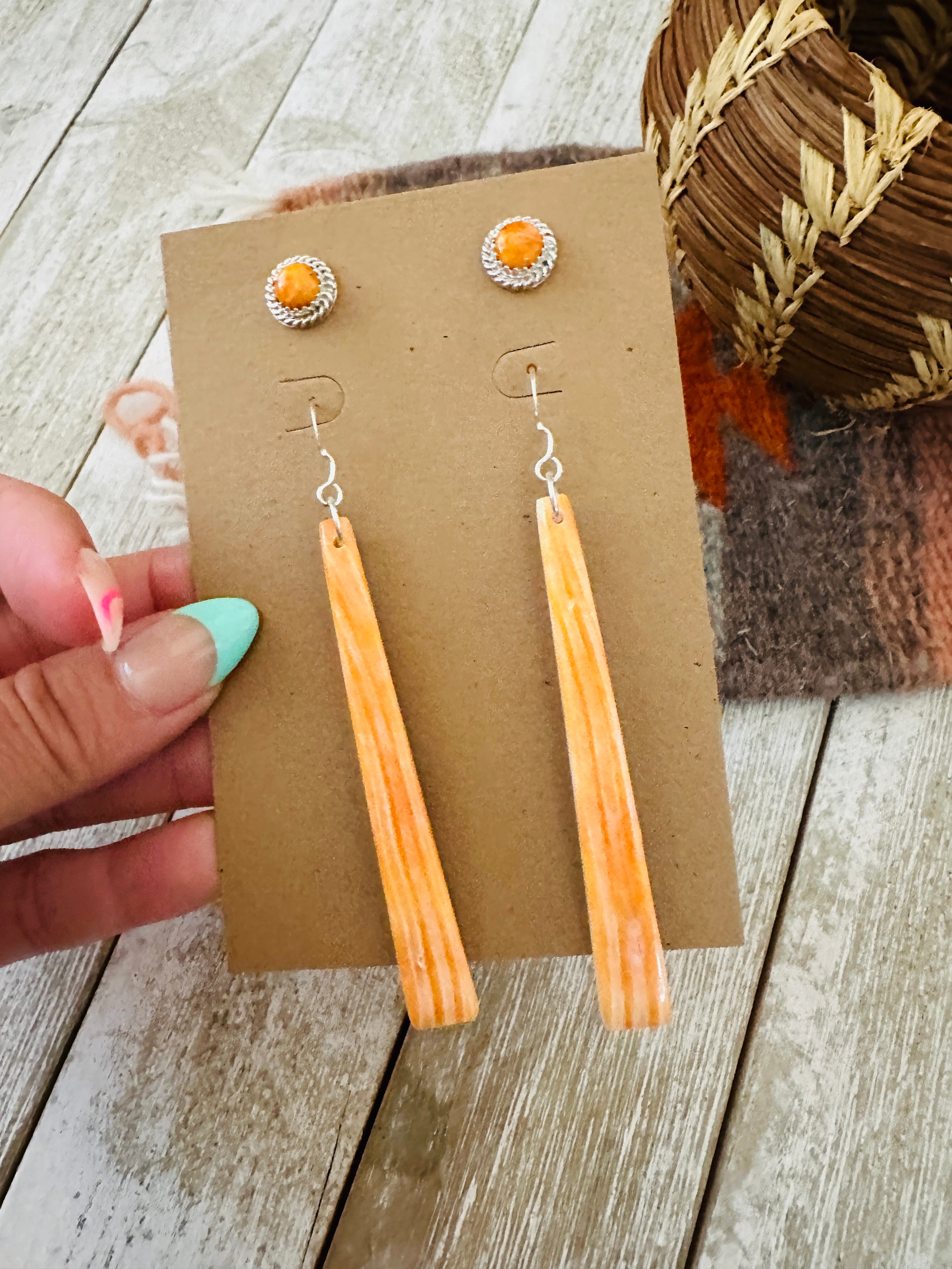 Handcrafted Orange Spiny Slab Dangle & Stud Earring Set