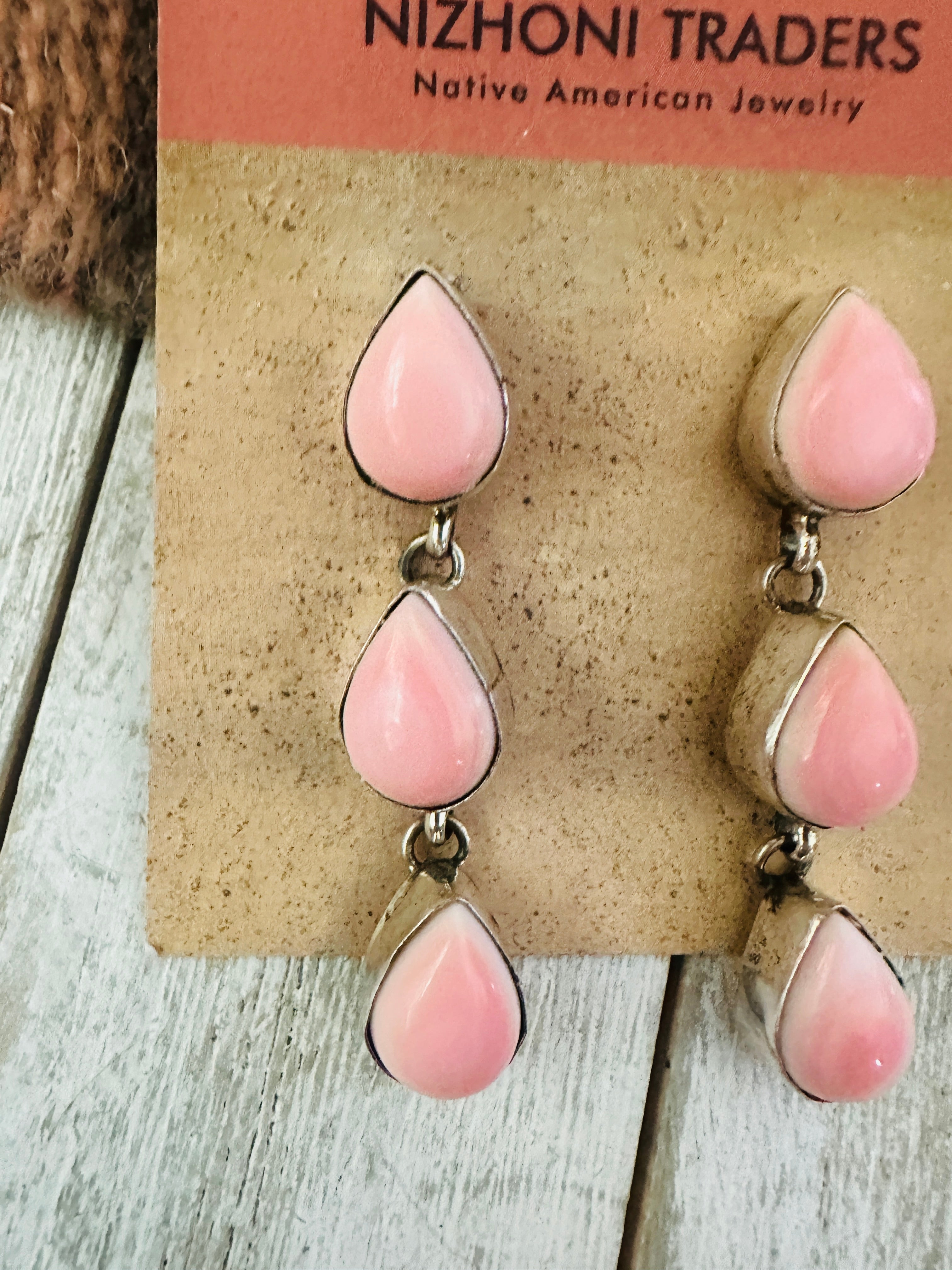 Navajo Queen Pink Conch & Sterling Silver Dangle Earrings