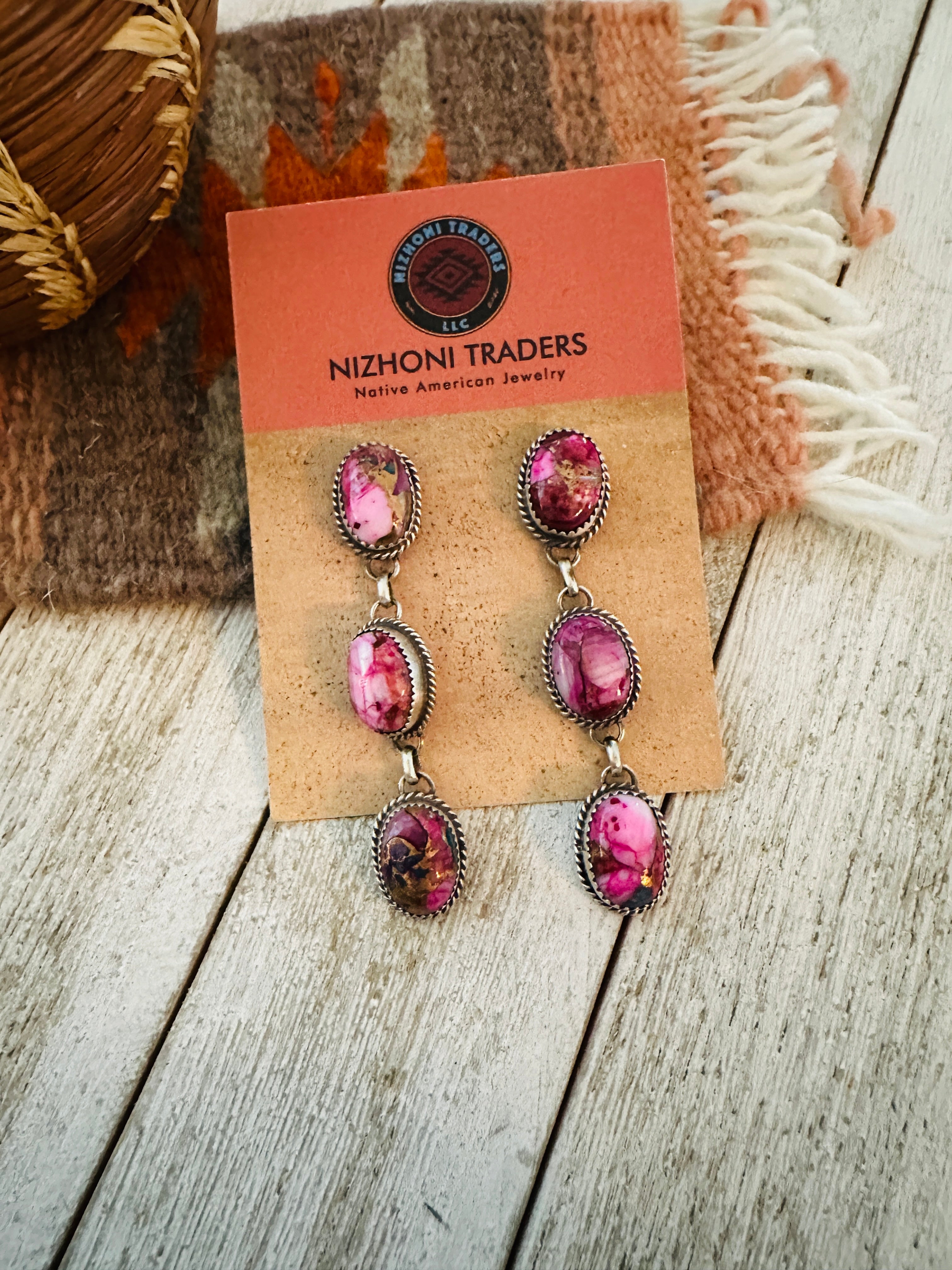 Navajo Sterling Silver & Pink Dream Mojave Dangle Earrings