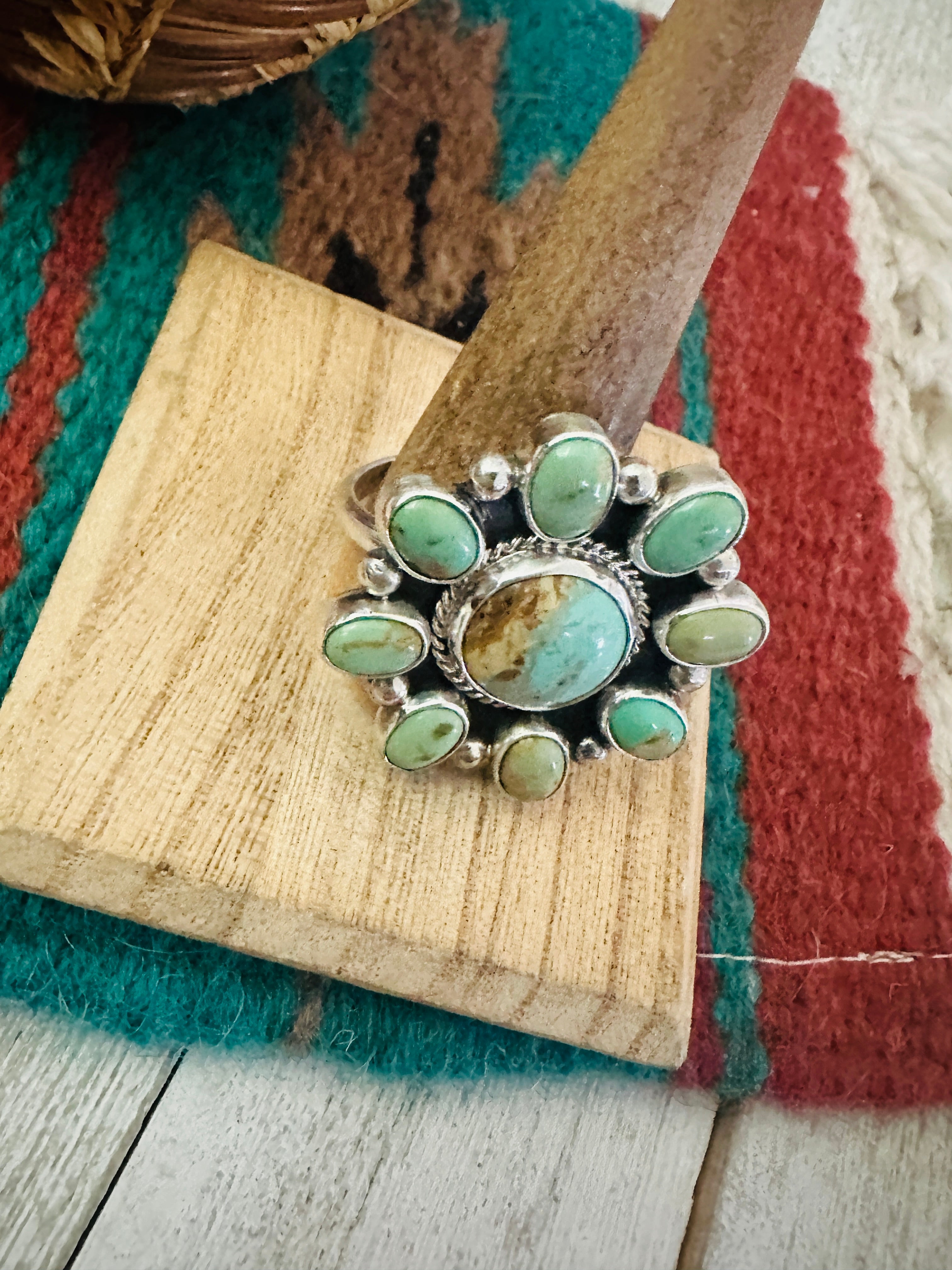 Navajo Sterling Silver & Turquoise Cluster Adjustable Ring