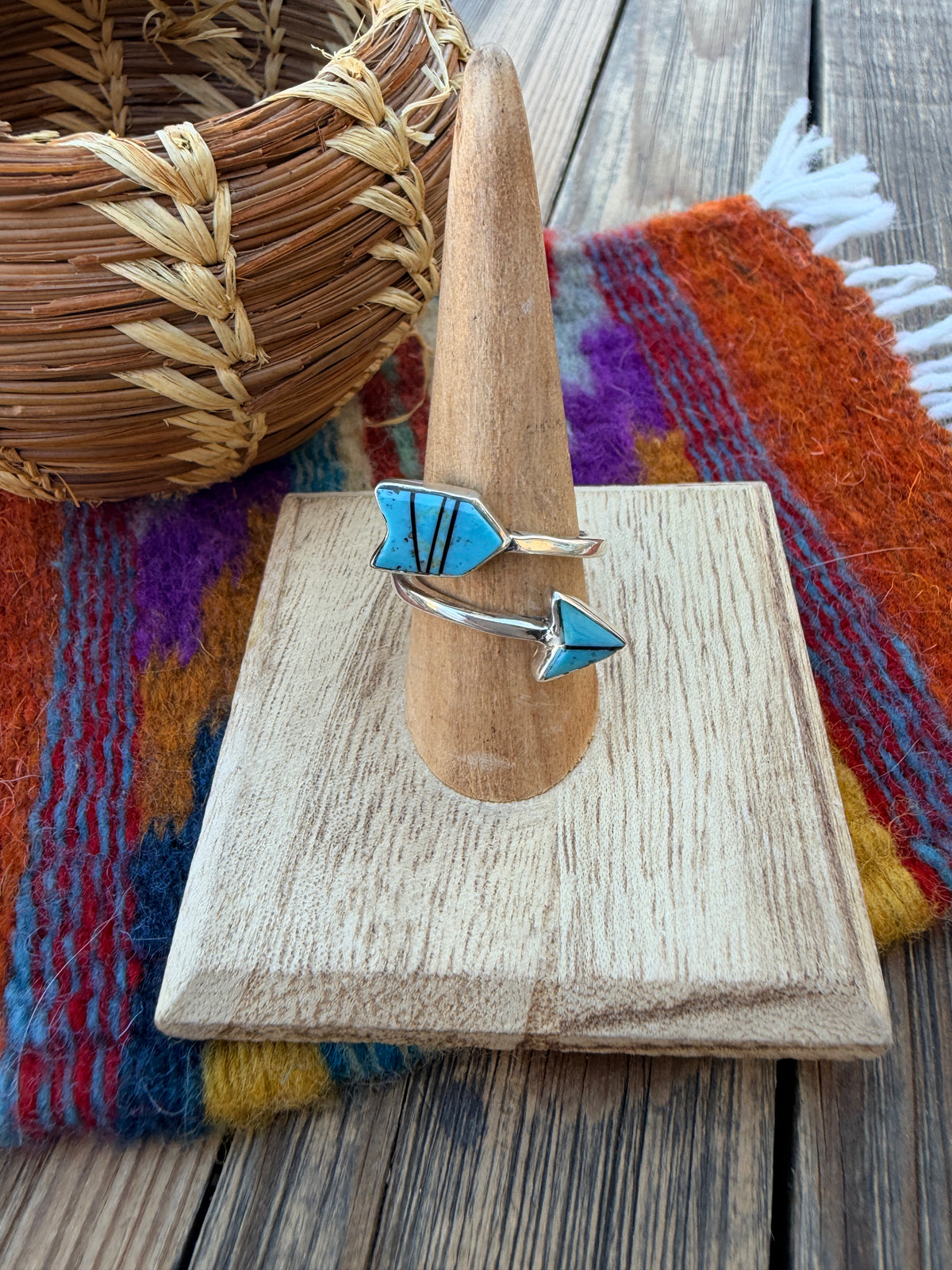 Handcrafted Sterling Silver & Turquoise Inlay Adjustable Arrow Ring