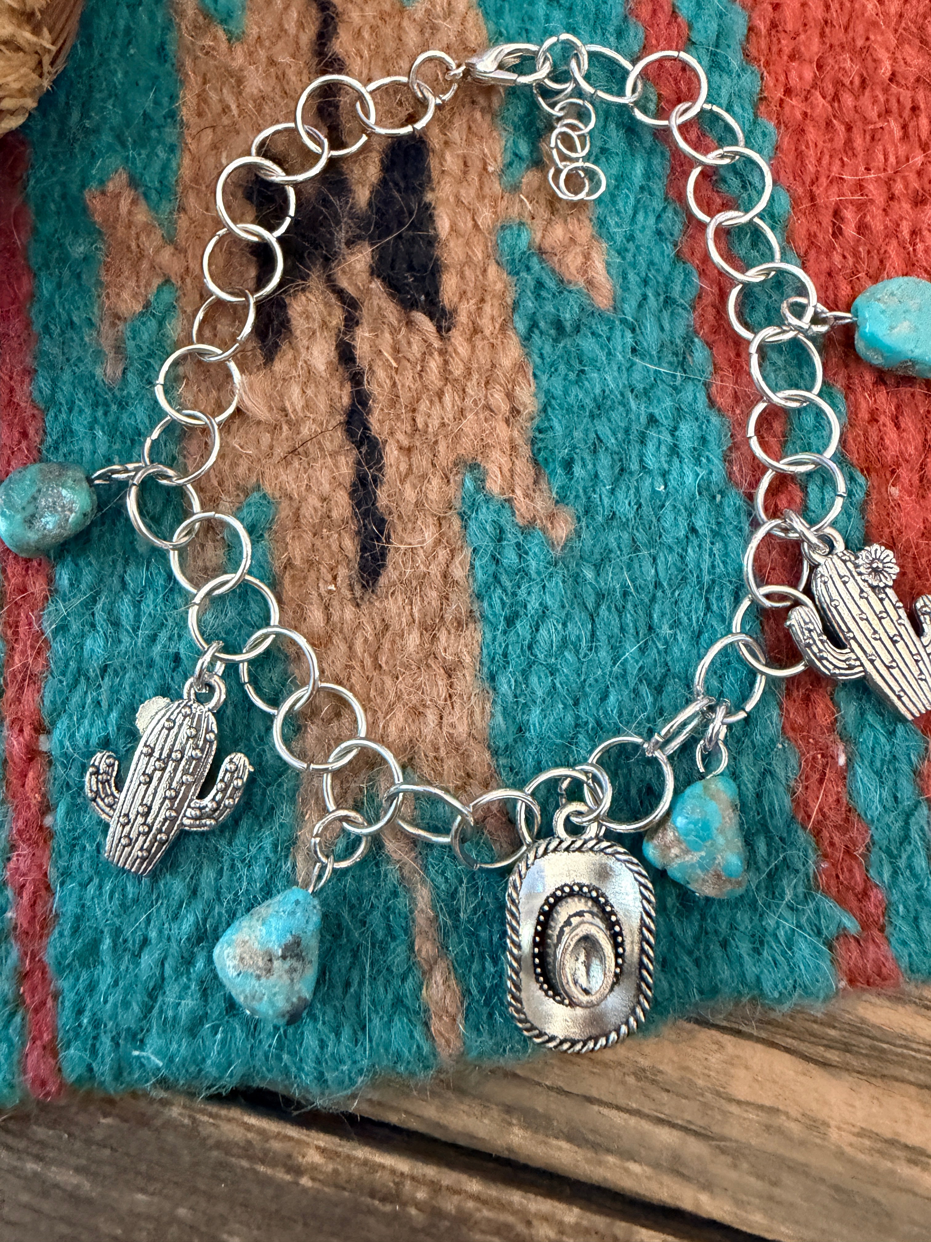 Handcrafted Old Pawn Sterling Silver & Turquoise Cowboy Charm Bracelet