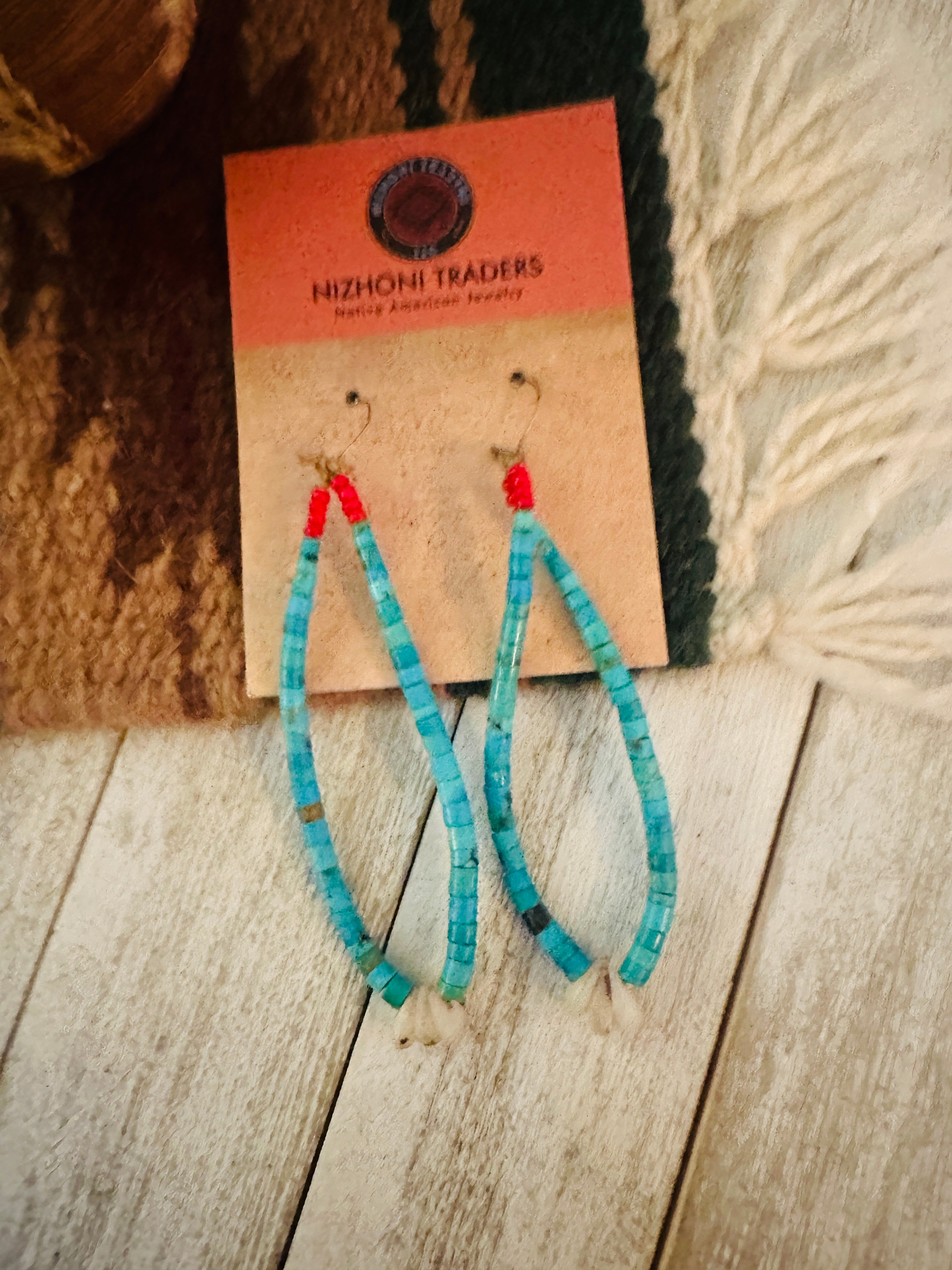 Vintage Old Pawn Handcrafted Turquoise & Coral Beaded Dangle Earrings