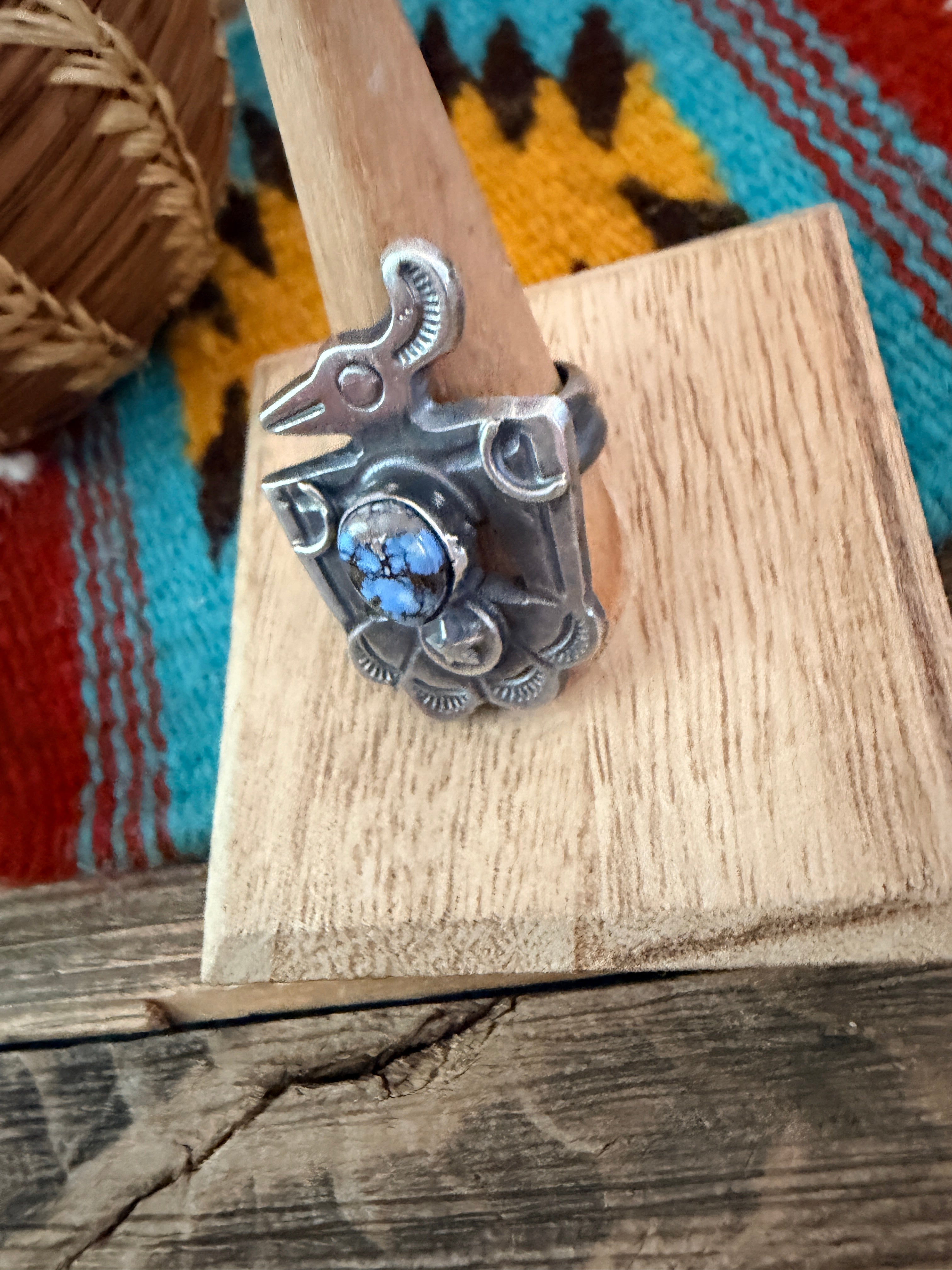 Handcrafted Golden Hills Turquoise and Sterling Silver Thunderbird Ring size 8.75 by Chimney Butte