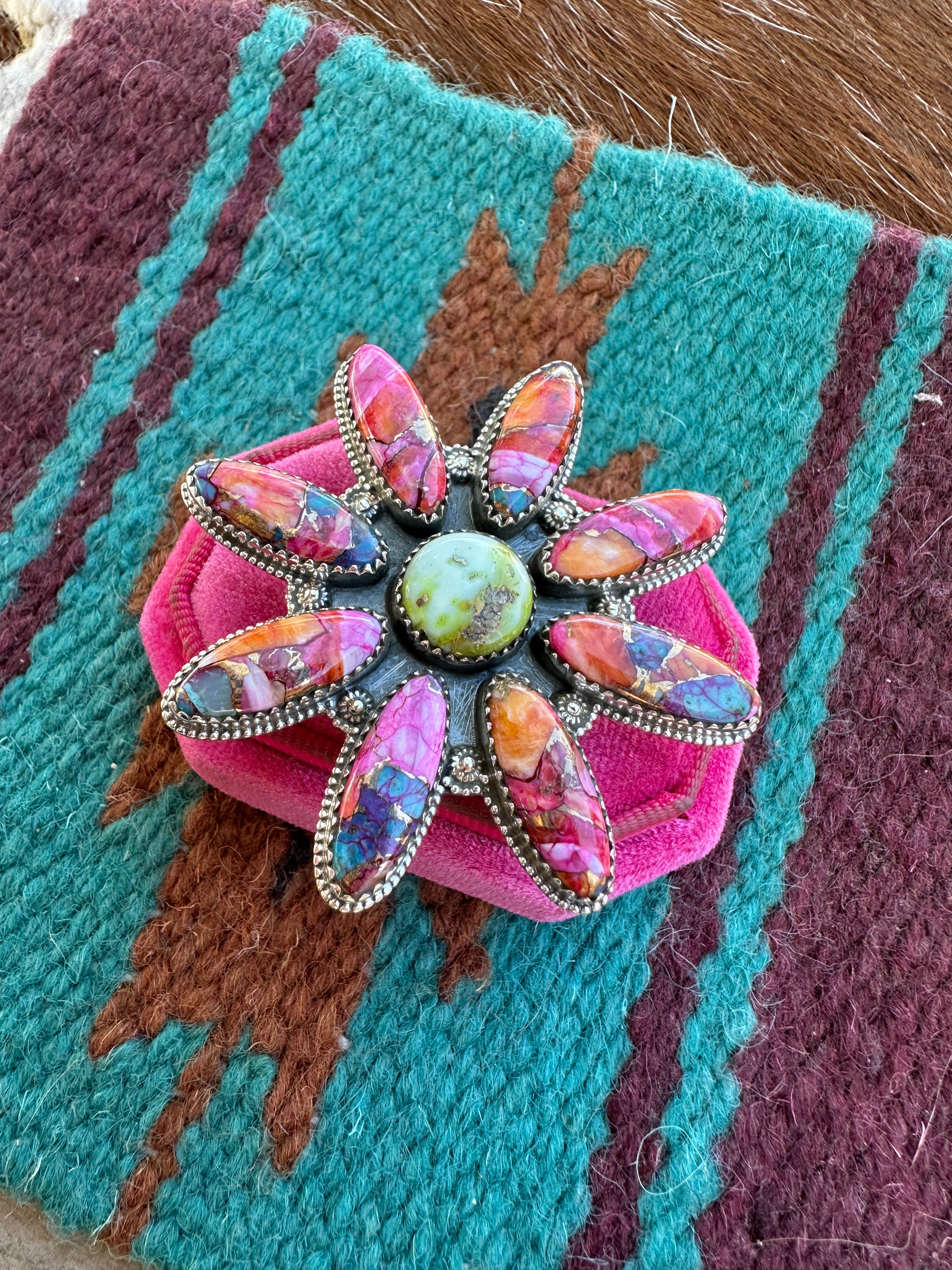 Nizhoni Handmade Pink Dream Mojave, Palomino Turquoise & Sterling Silver Adjustable Flower Ring