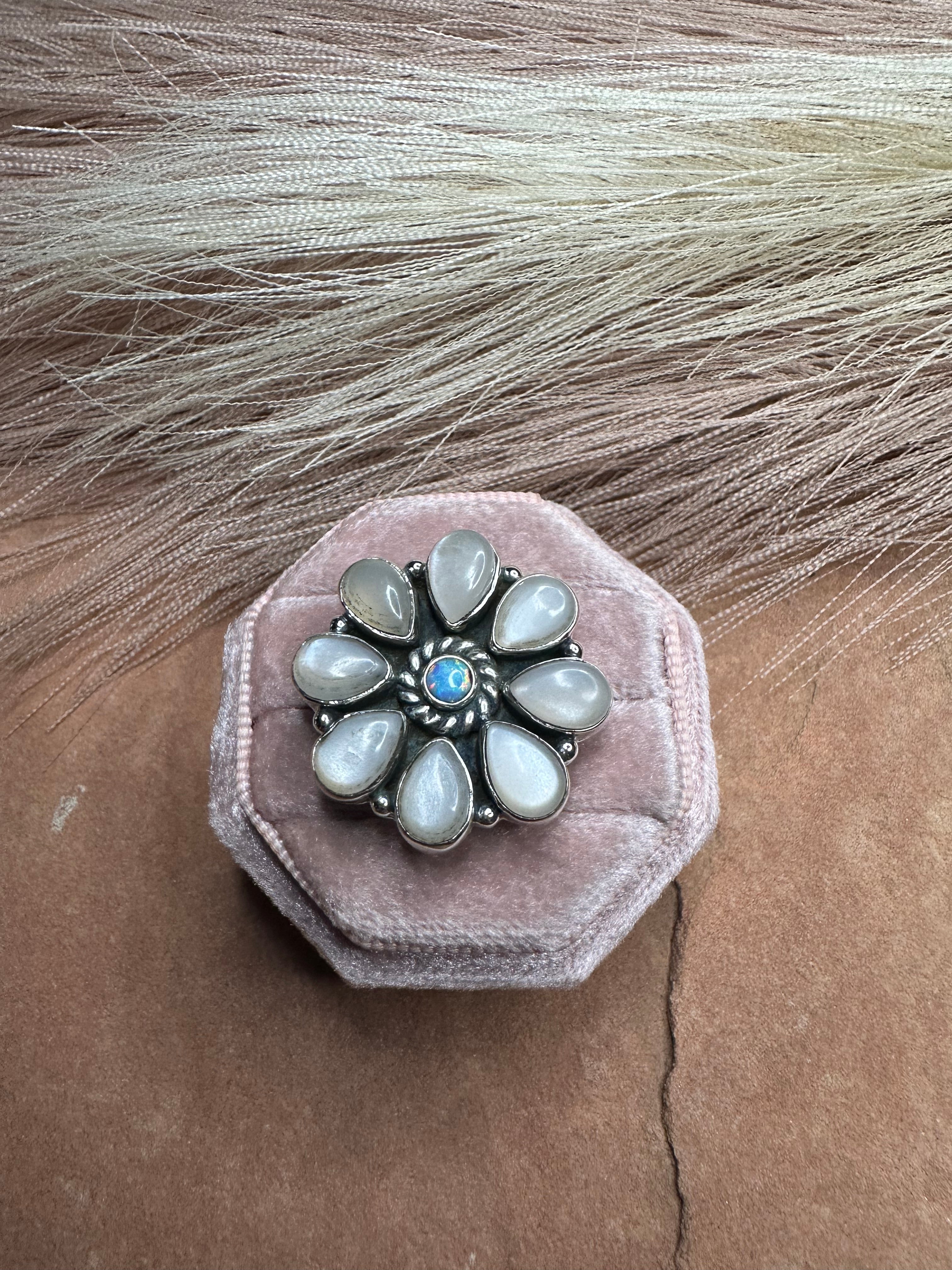 Beautiful Handmade Mother of Pearl, Fire Opal And Sterling Silver Adjustable Flower Ring