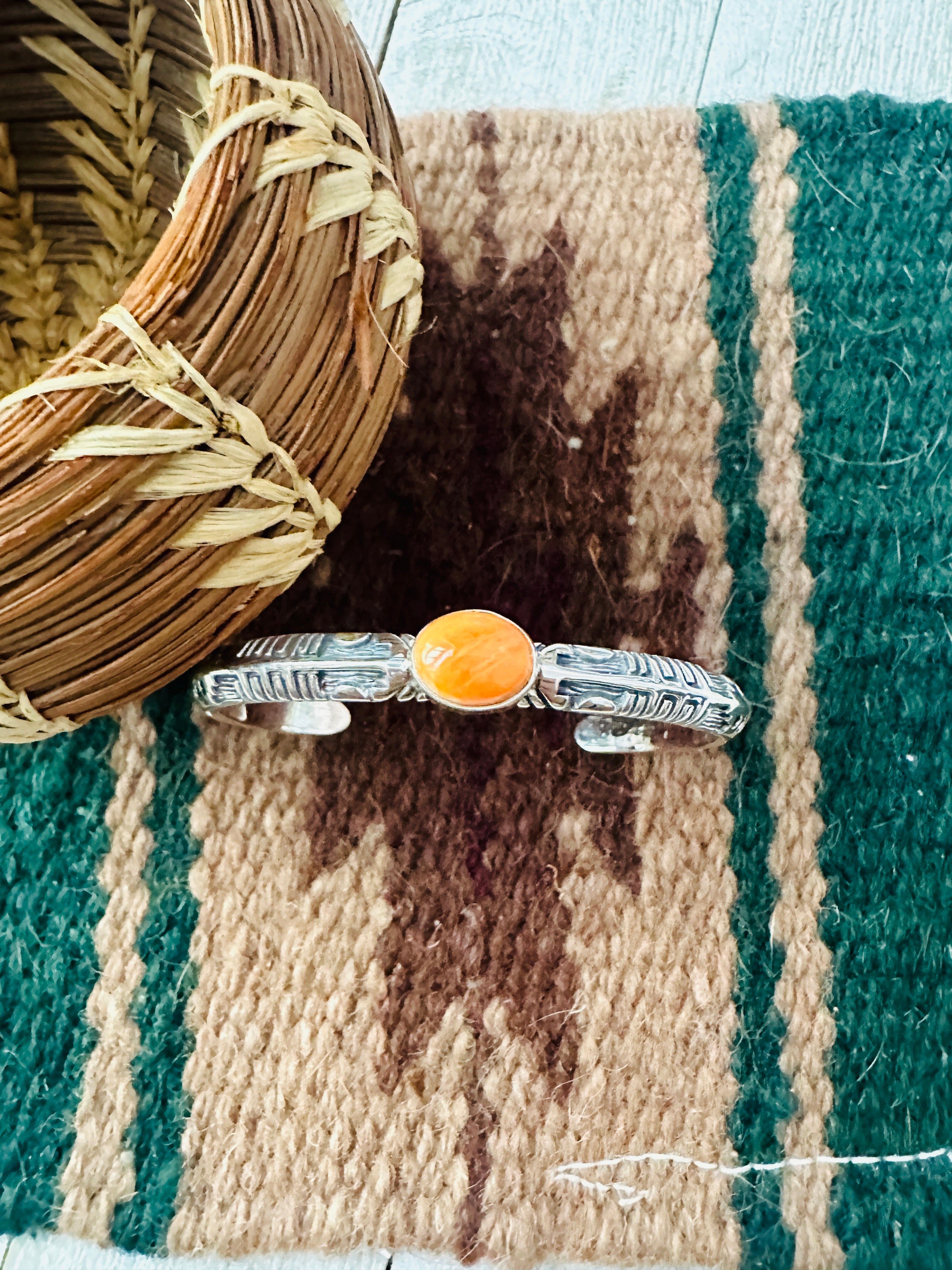 Navajo Sterling Silver & Orange Spiny Cuff Bracelet