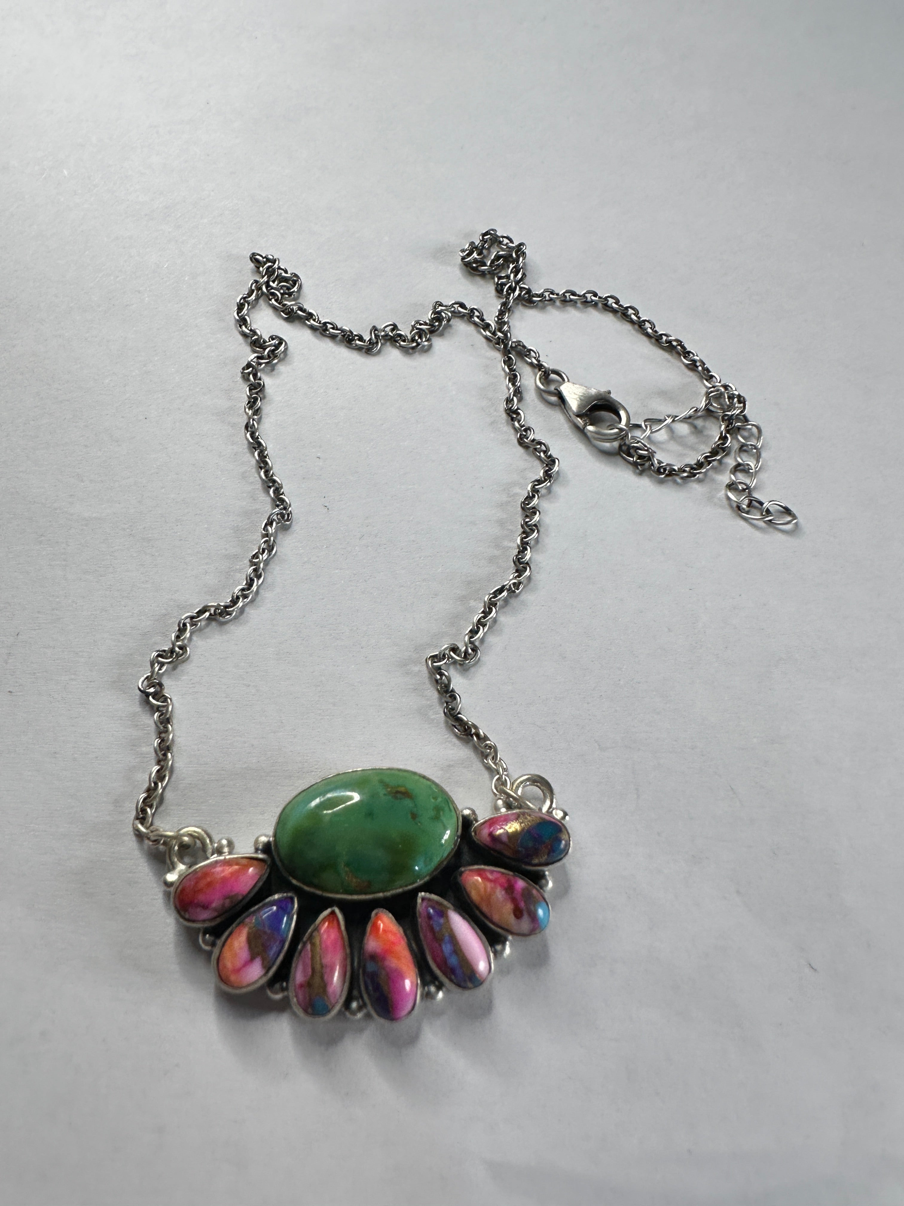 Handmade Pink Dream Mojave, Turquoise & Sterling Silver Crescent Necklace