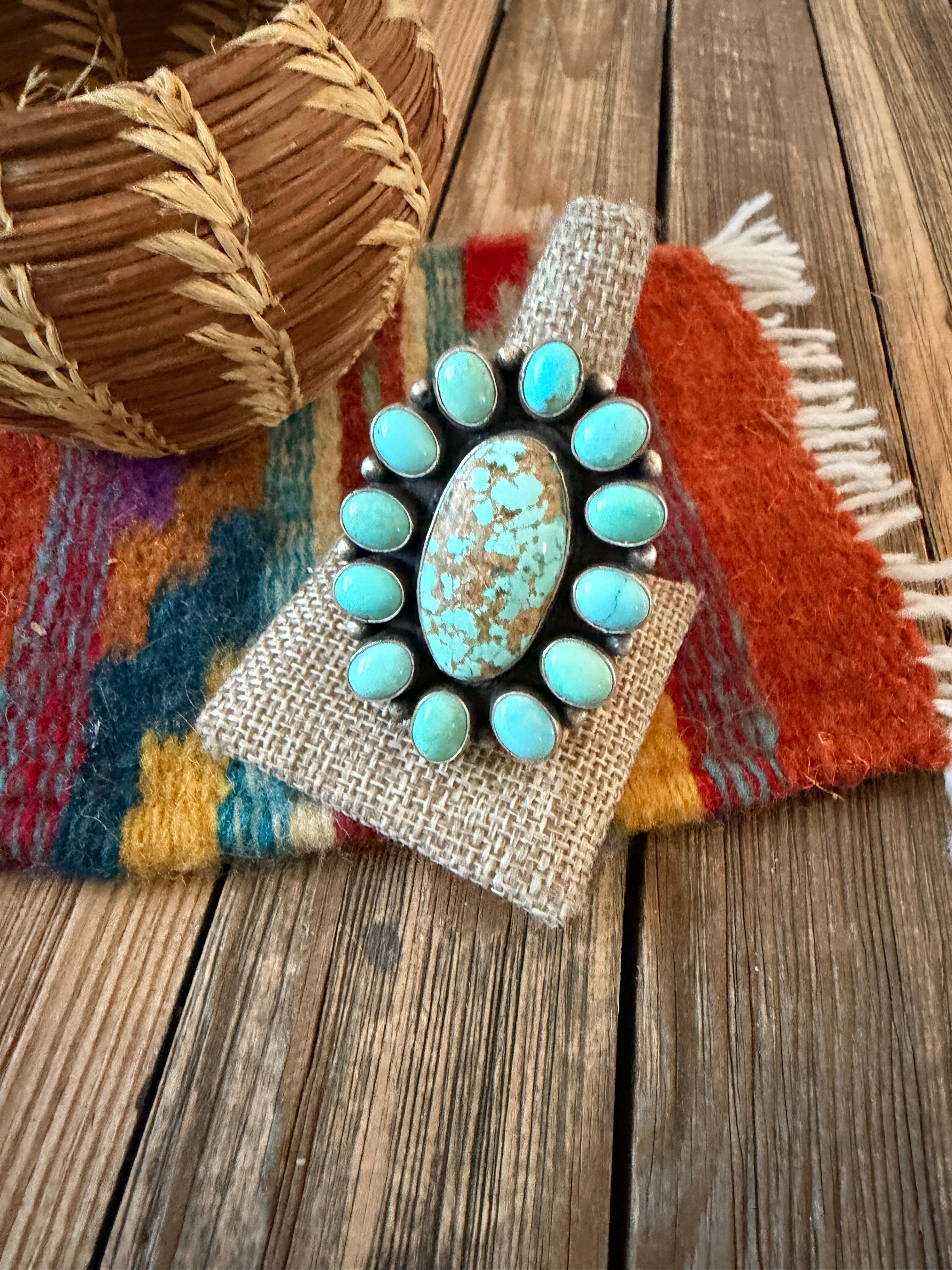 Handcrafted Turquoise & Sterling Silver Cluster Ring Size 12 by Sheila Becenti