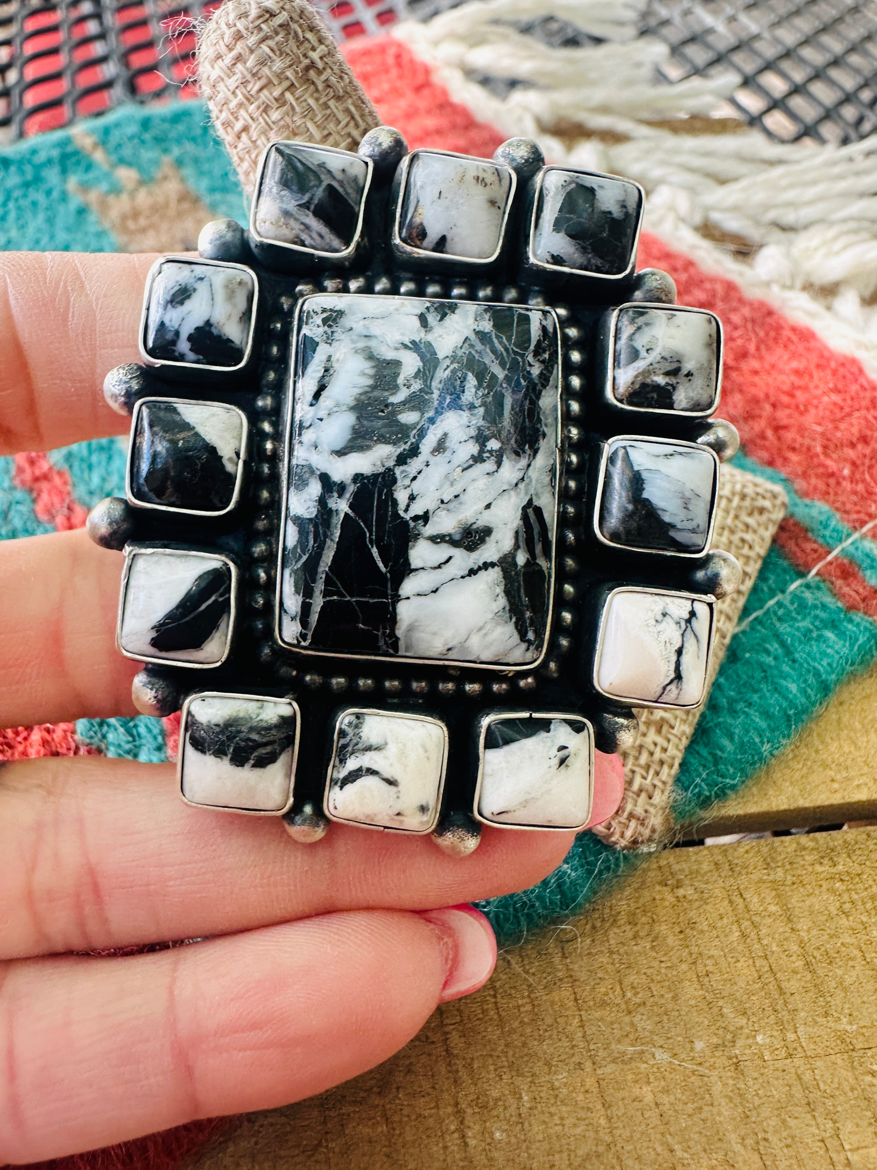 Handcrafted Sterling Silver and White Buffalo Cluster Ring Size 8
