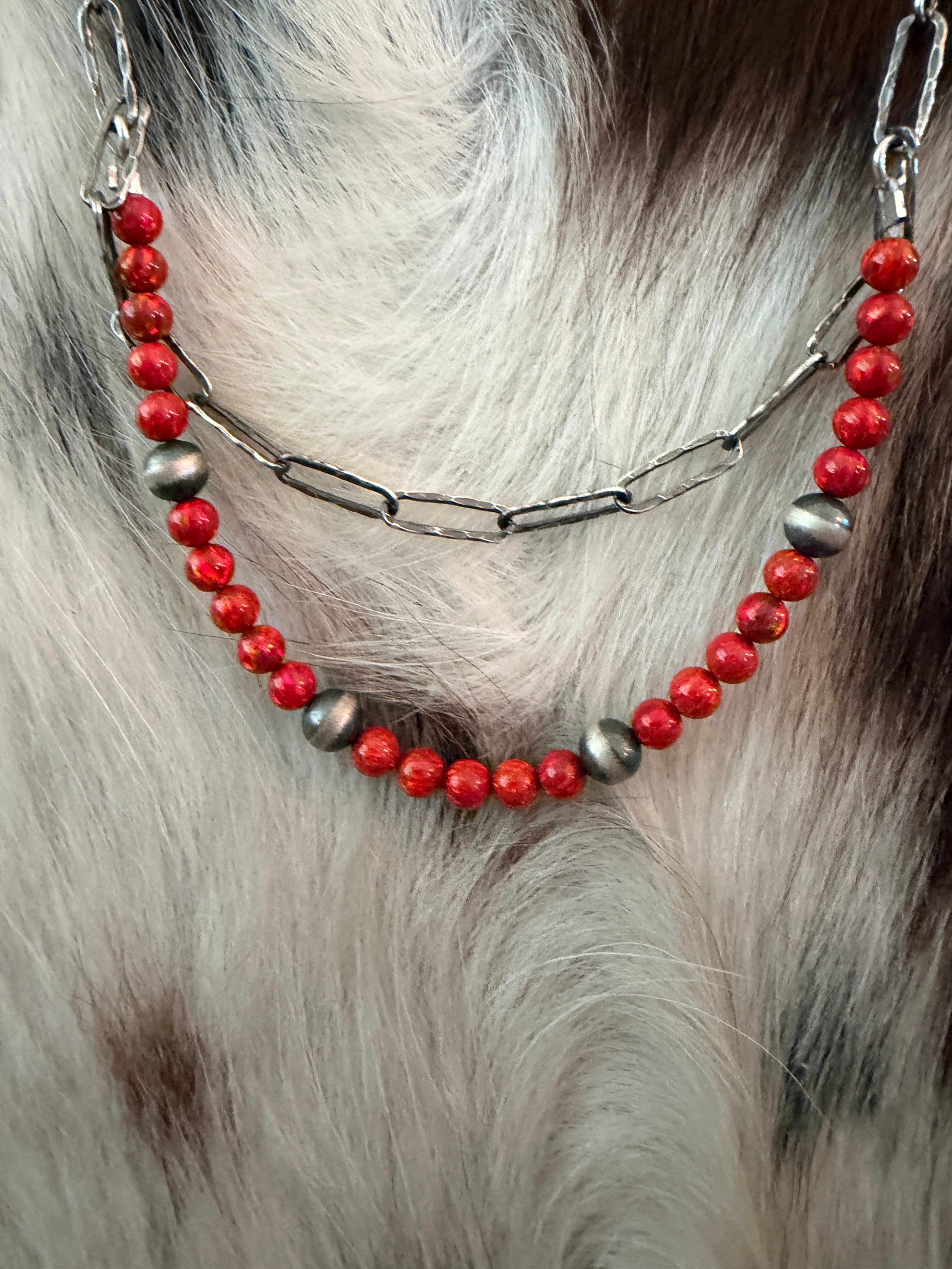 Handmade Sterling Silver & Red Fire Opal Beaded Necklace