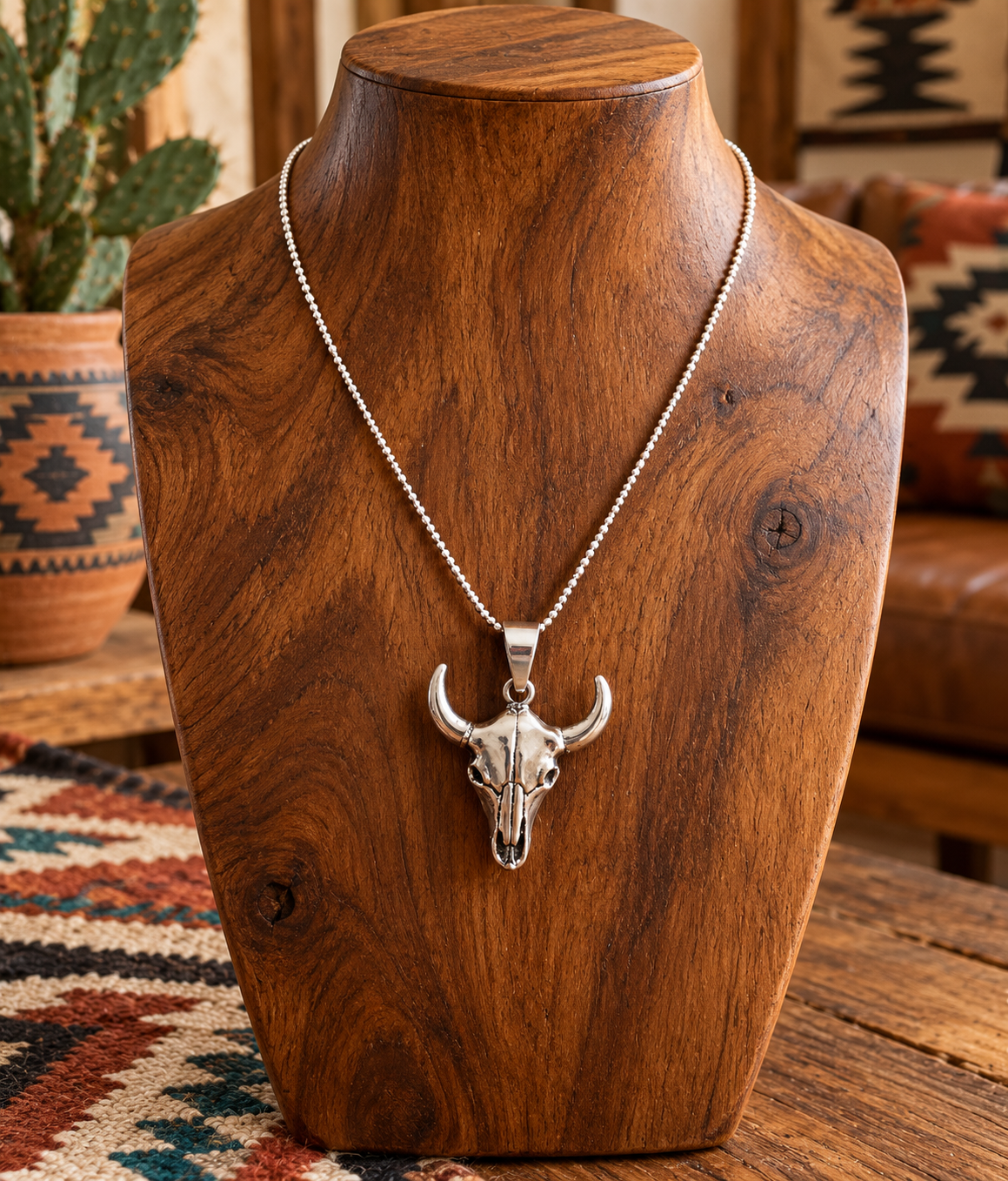 Sterling Silver Steer Head Necklace- Lg