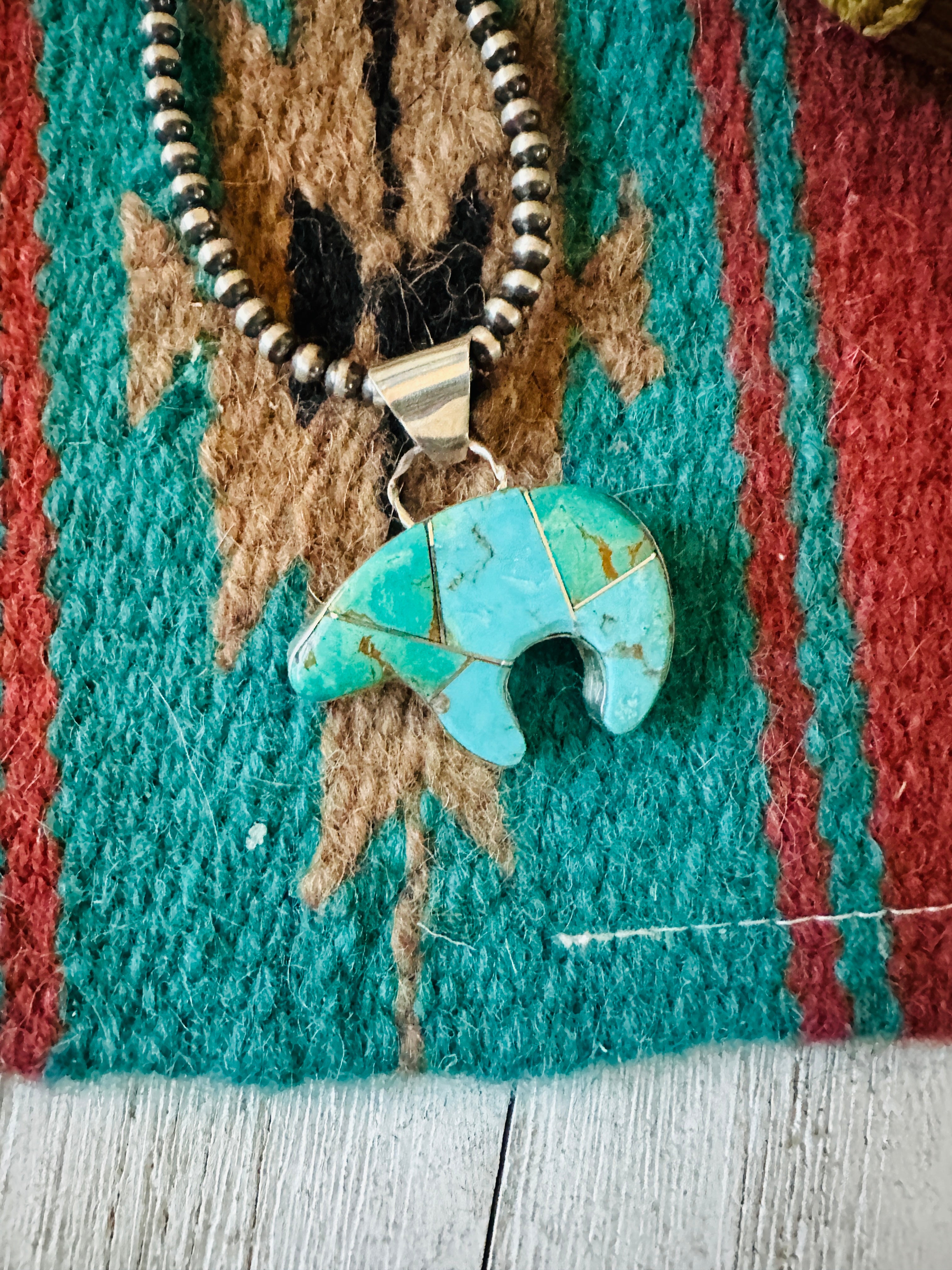 Navajo Turquoise & Sterling Silver Inlay Fetish Bear Pendant