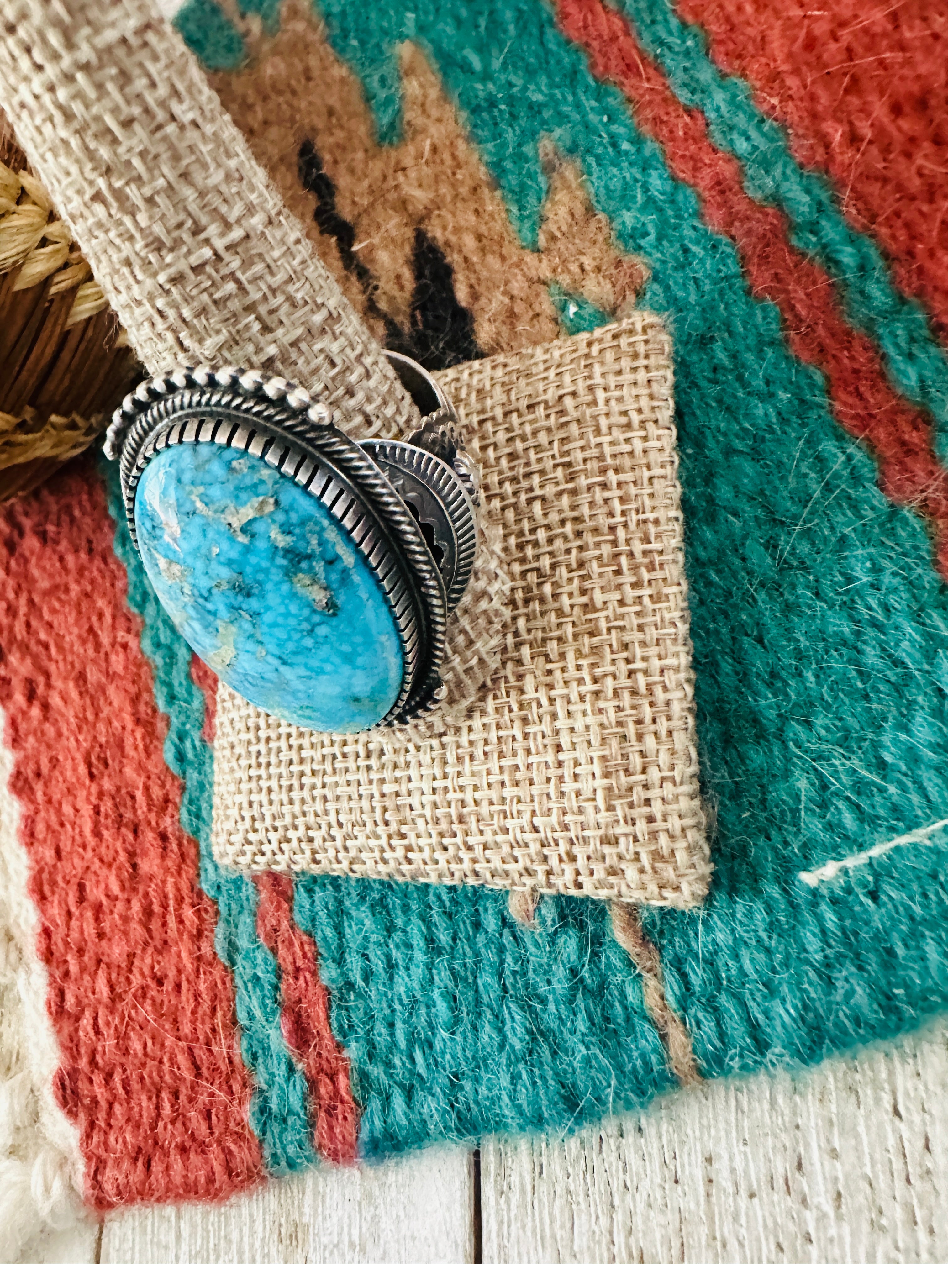 Old Pawn Handcrafted Turquoise & Sterling Silver Ring Size 12