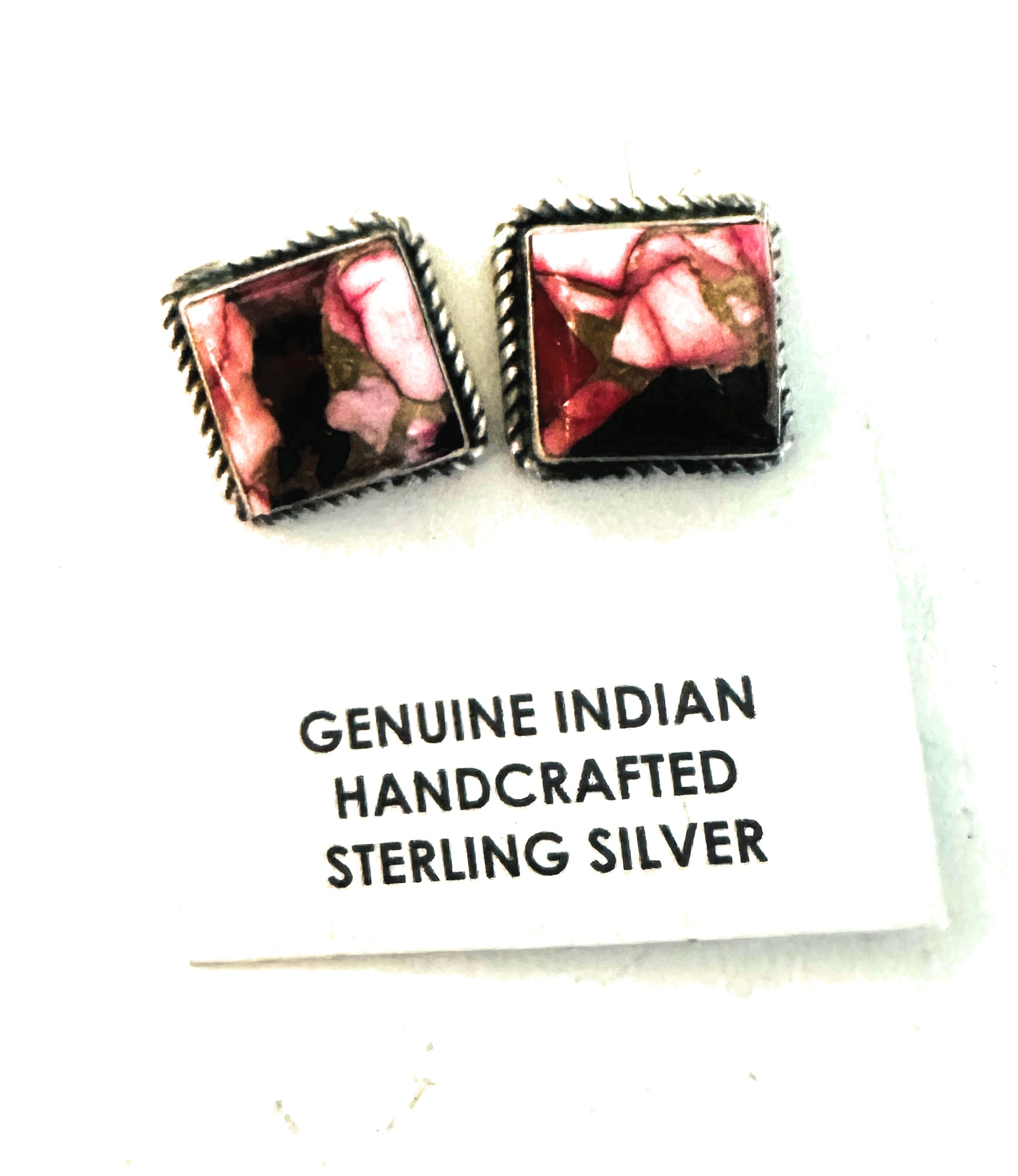 Navajo Sterling Silver & Pink Dahlia Square Stud Earrings