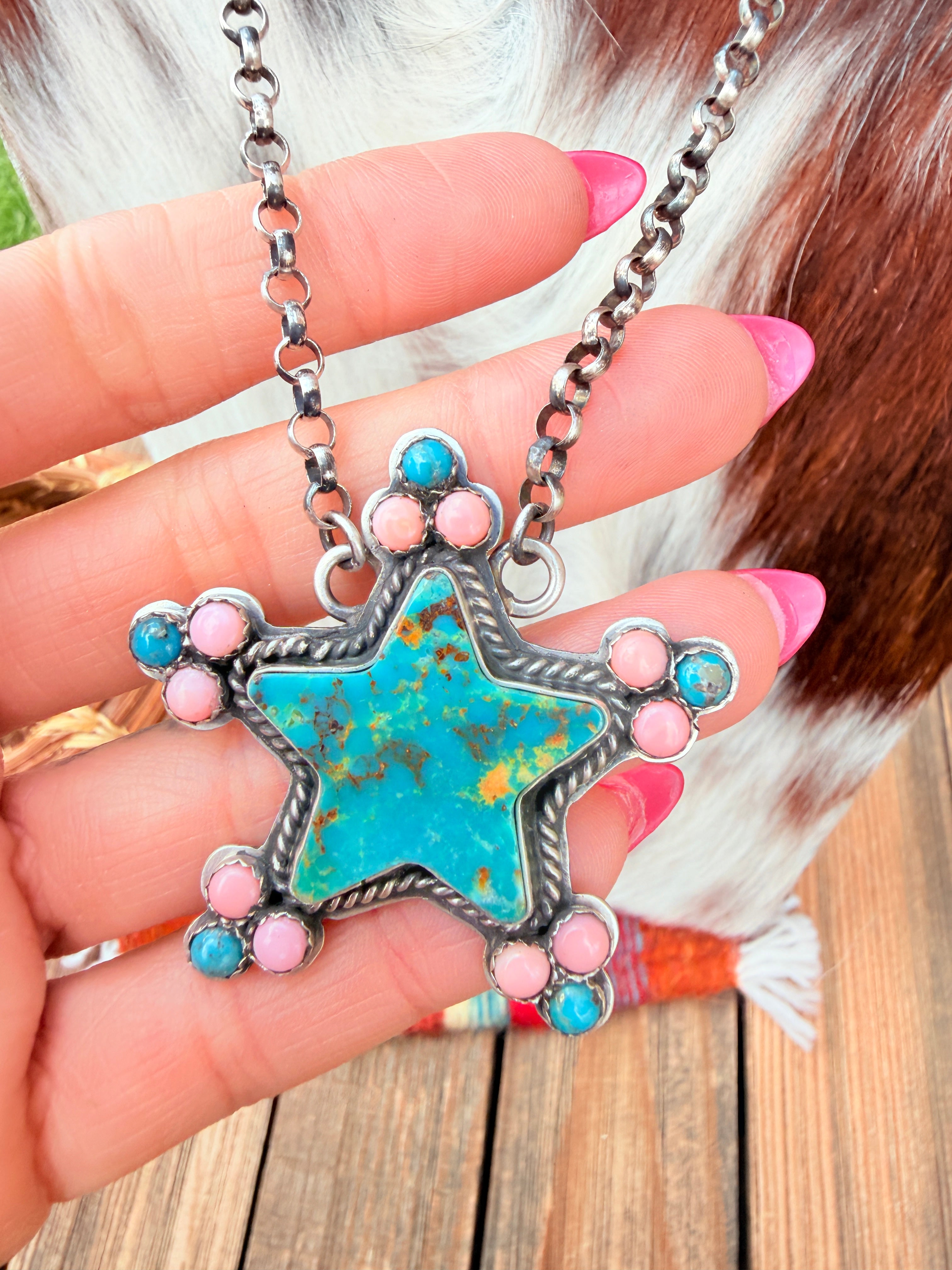 Handcrafted Turquoise, Queen Pink Conch & Sterling Silver Star Necklace