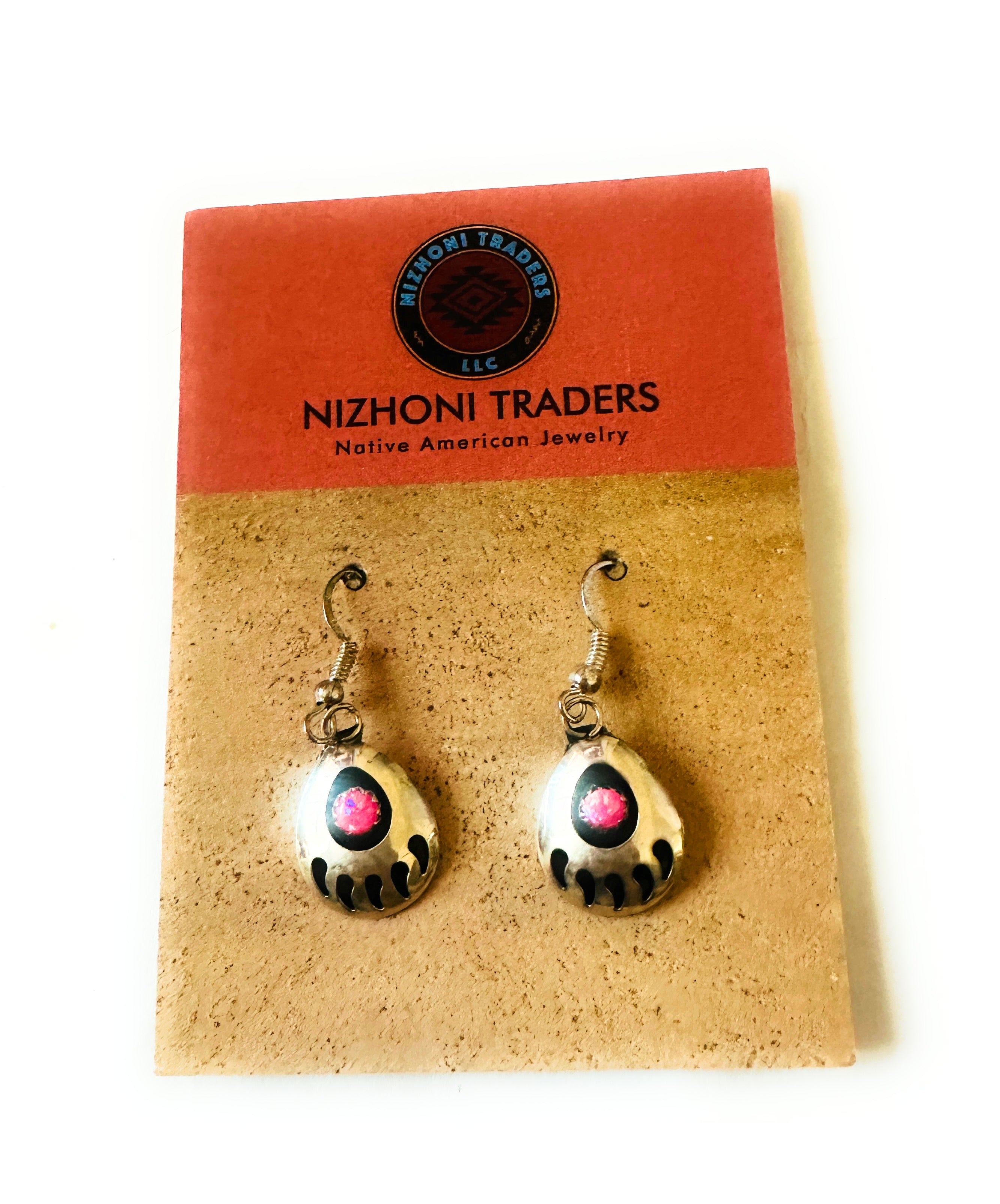 Navajo Pink Opal & Sterling Silver Bear Paw Dangle Earrings