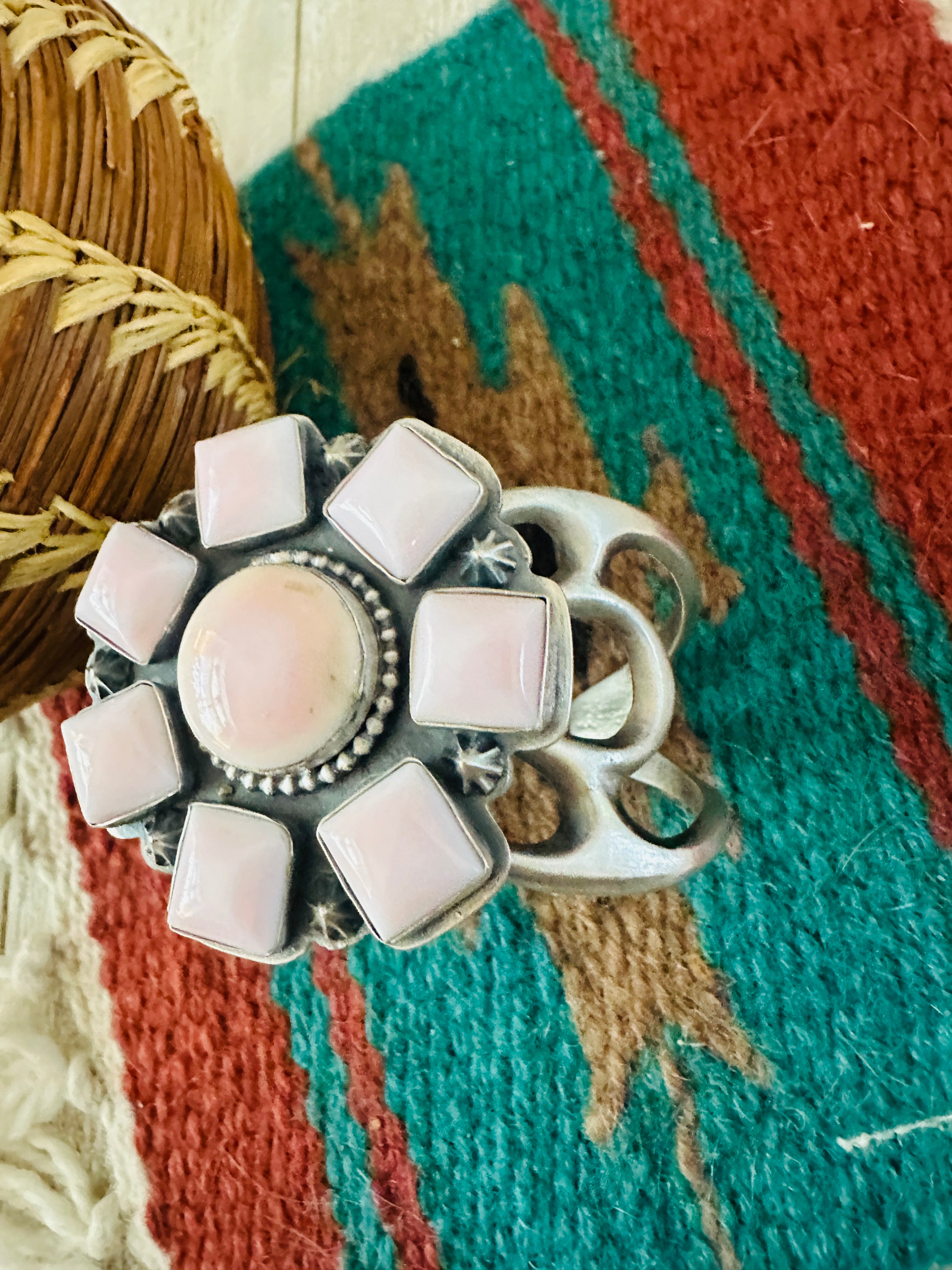 Handcrafted Old Pawn Sterling Silver & Queen Pink Conch Cluster Cuff Bracelet