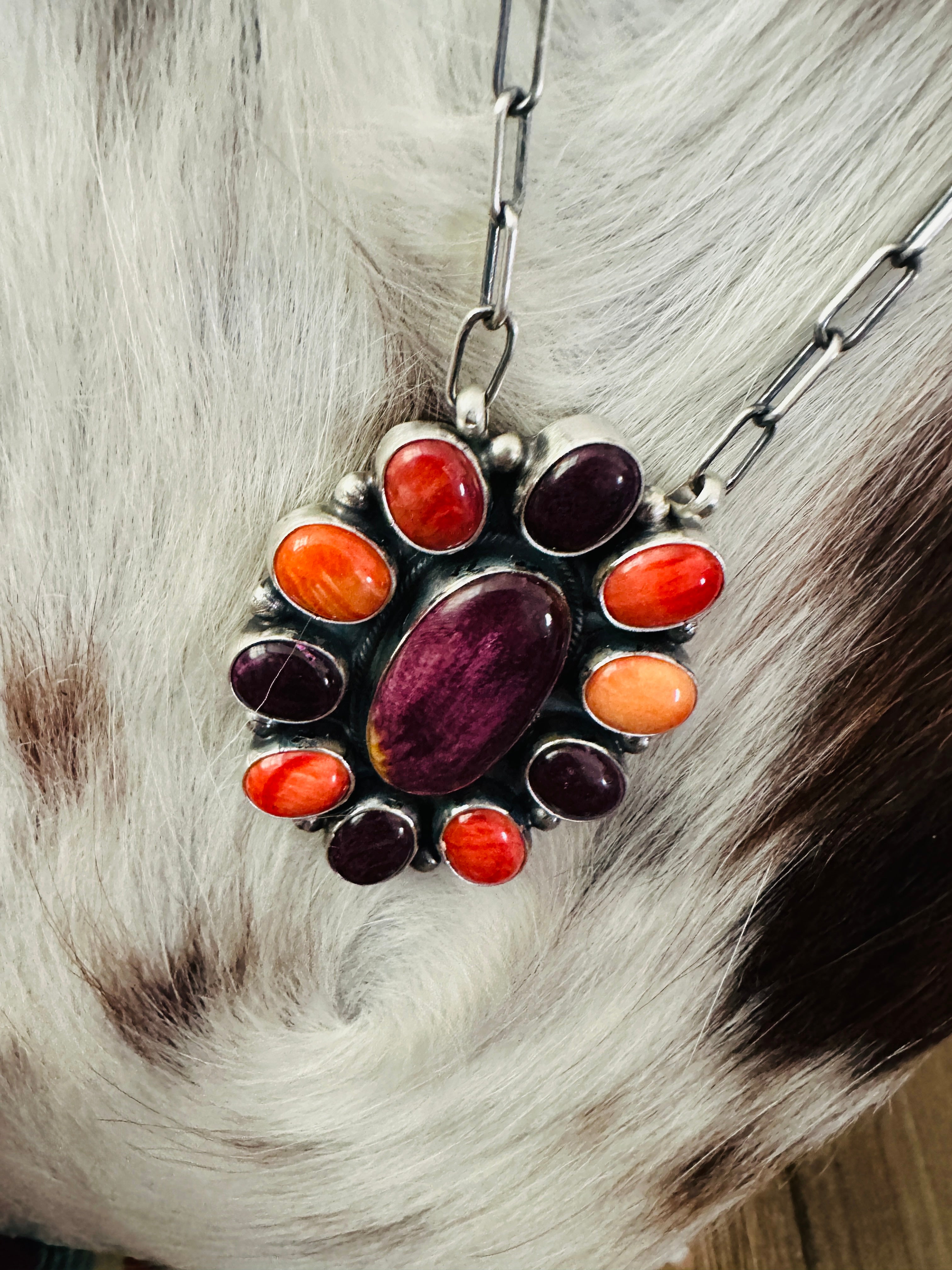 Handcrafted Multicolor Spiny Oyster & Sterling Silver Cluster Necklace by Sheila Becenti