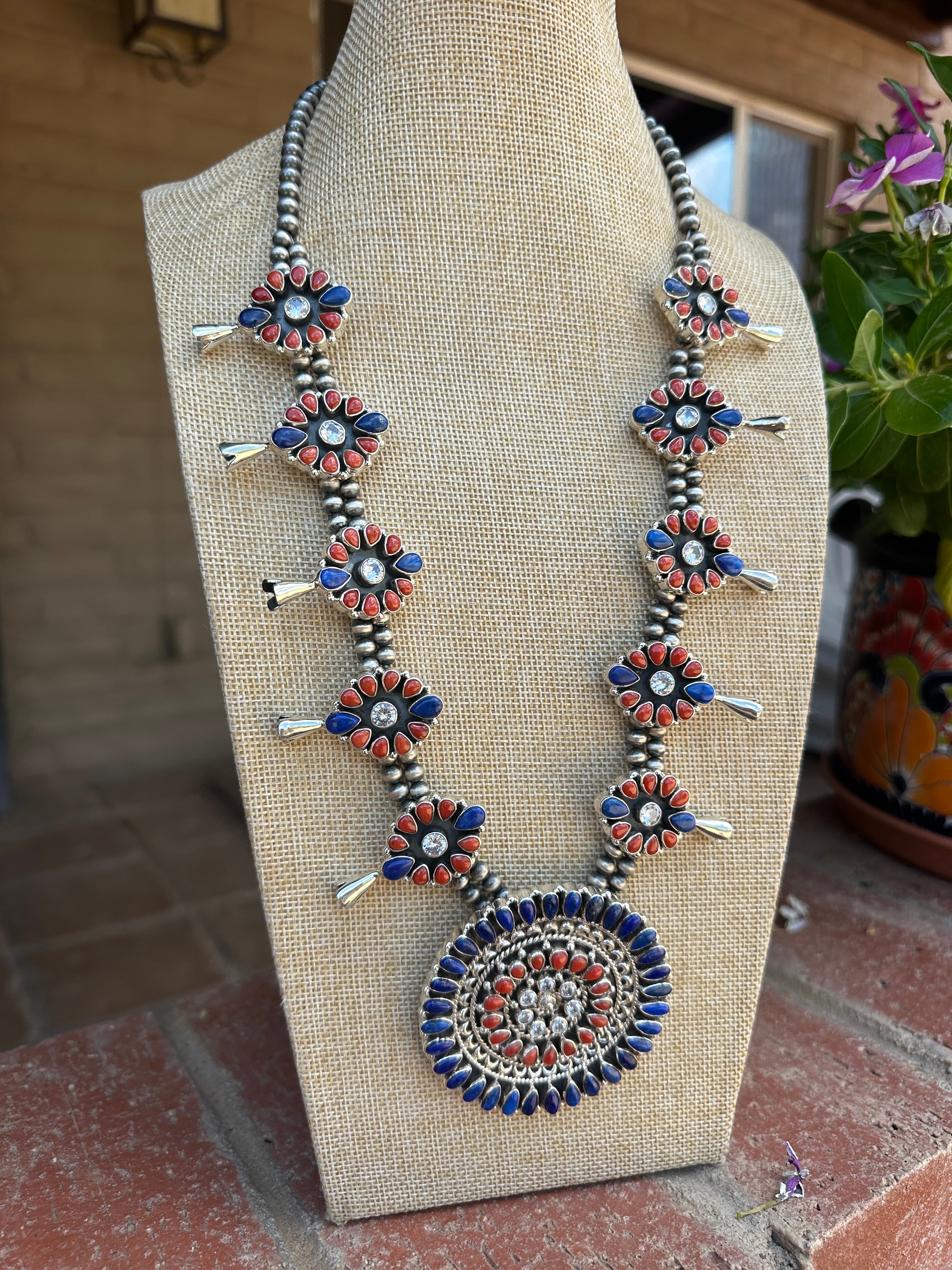 4th Of July Collection Handmade Sterling Silver, Lapis, Coral & CZ Blossom Necklace