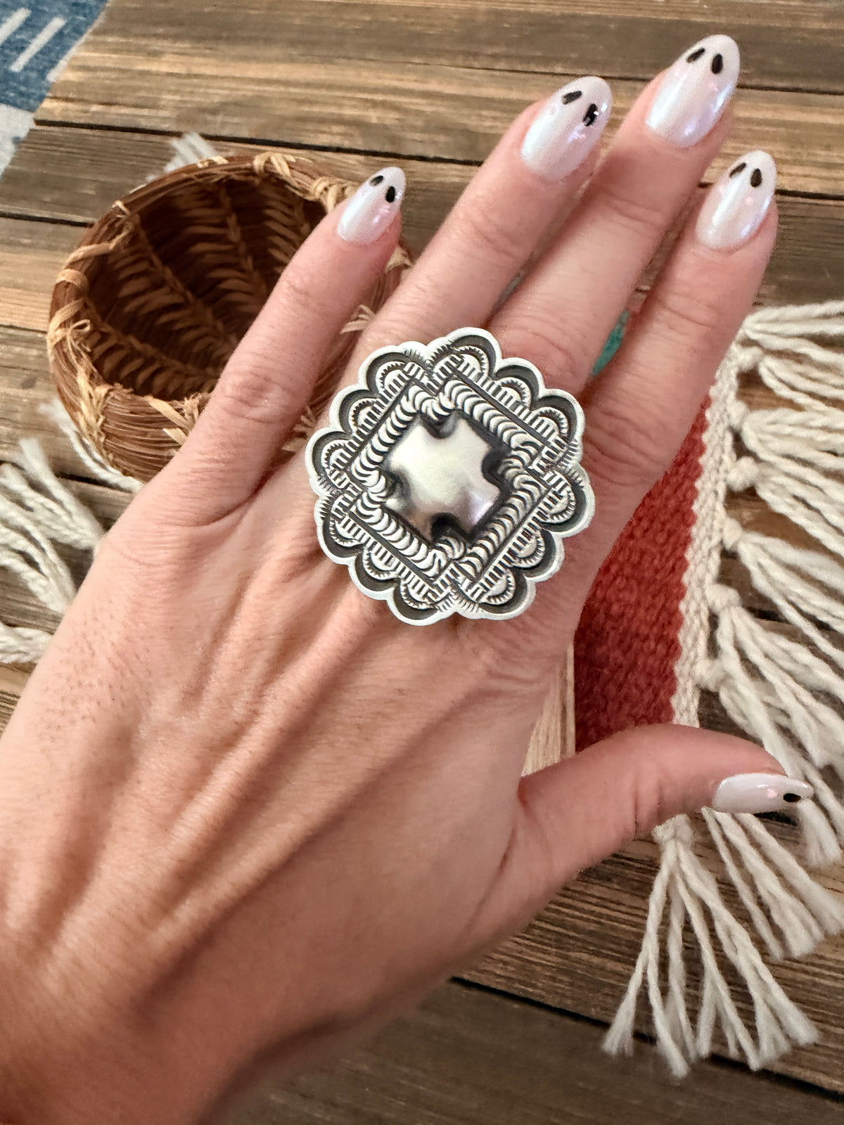 Handcrafted Sterling Silver Adjustable Concho Ring by Leander Tahe