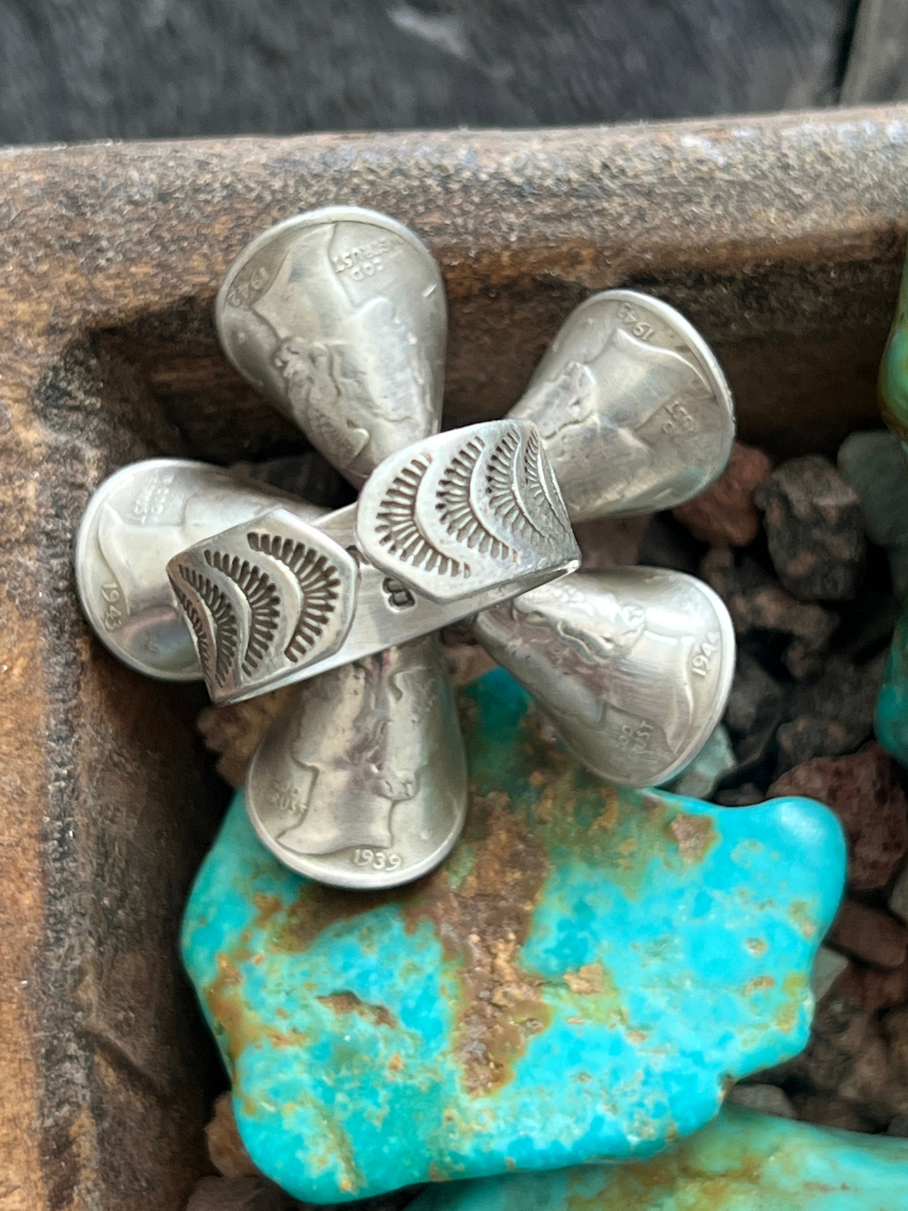 Handcrafted Sterling and Coin Silver Mercury Dime Flower Ring with Orange Spiny Oyster by James Begay, Adjustable
