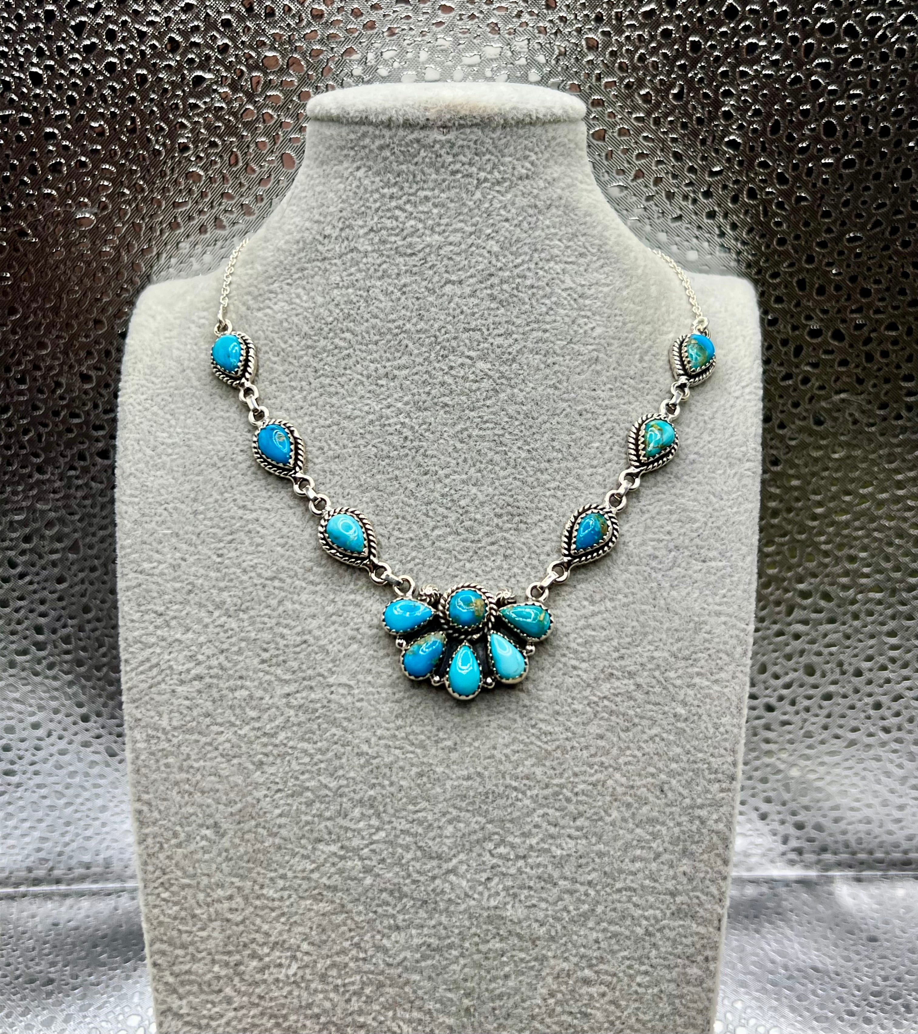 Handmade South Hill Sonoran Turquoise Cluster Sterling Silver Necklace