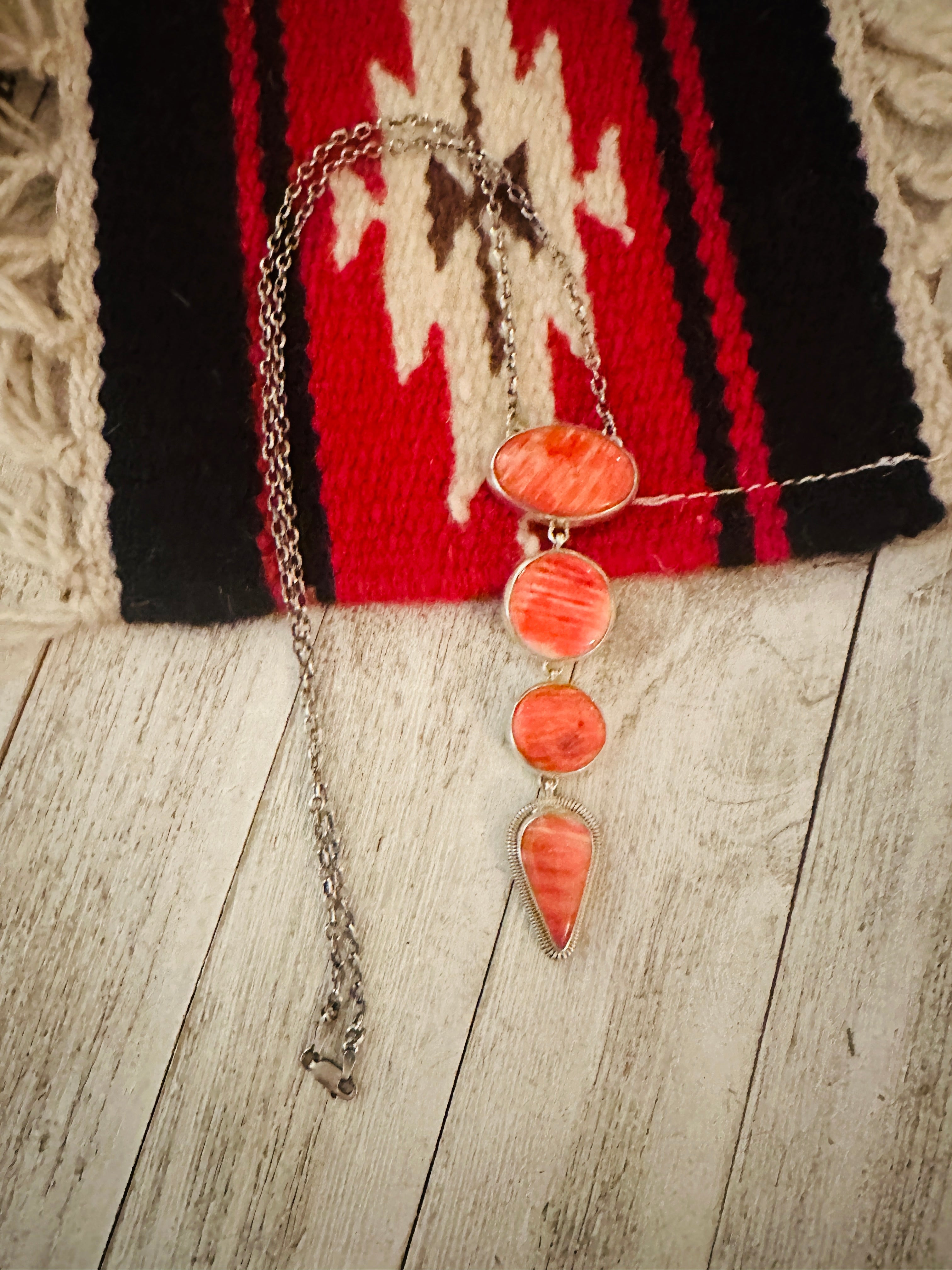 Navajo Orange Spiny & Sterling Silver 4 Stone Lariat Necklace by Wydell Billie