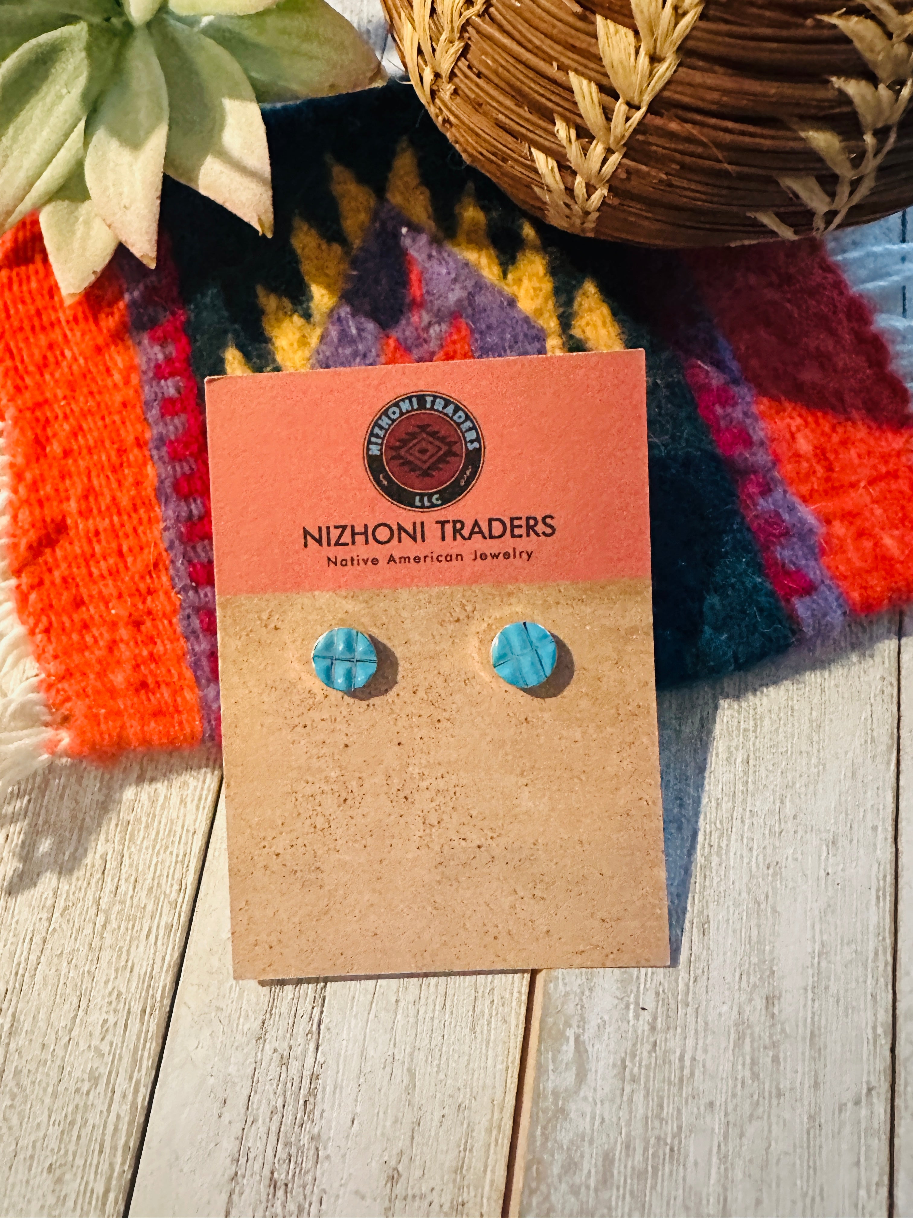 Zuni Sterling Silver & Turquoise Inlay Stud Earrings