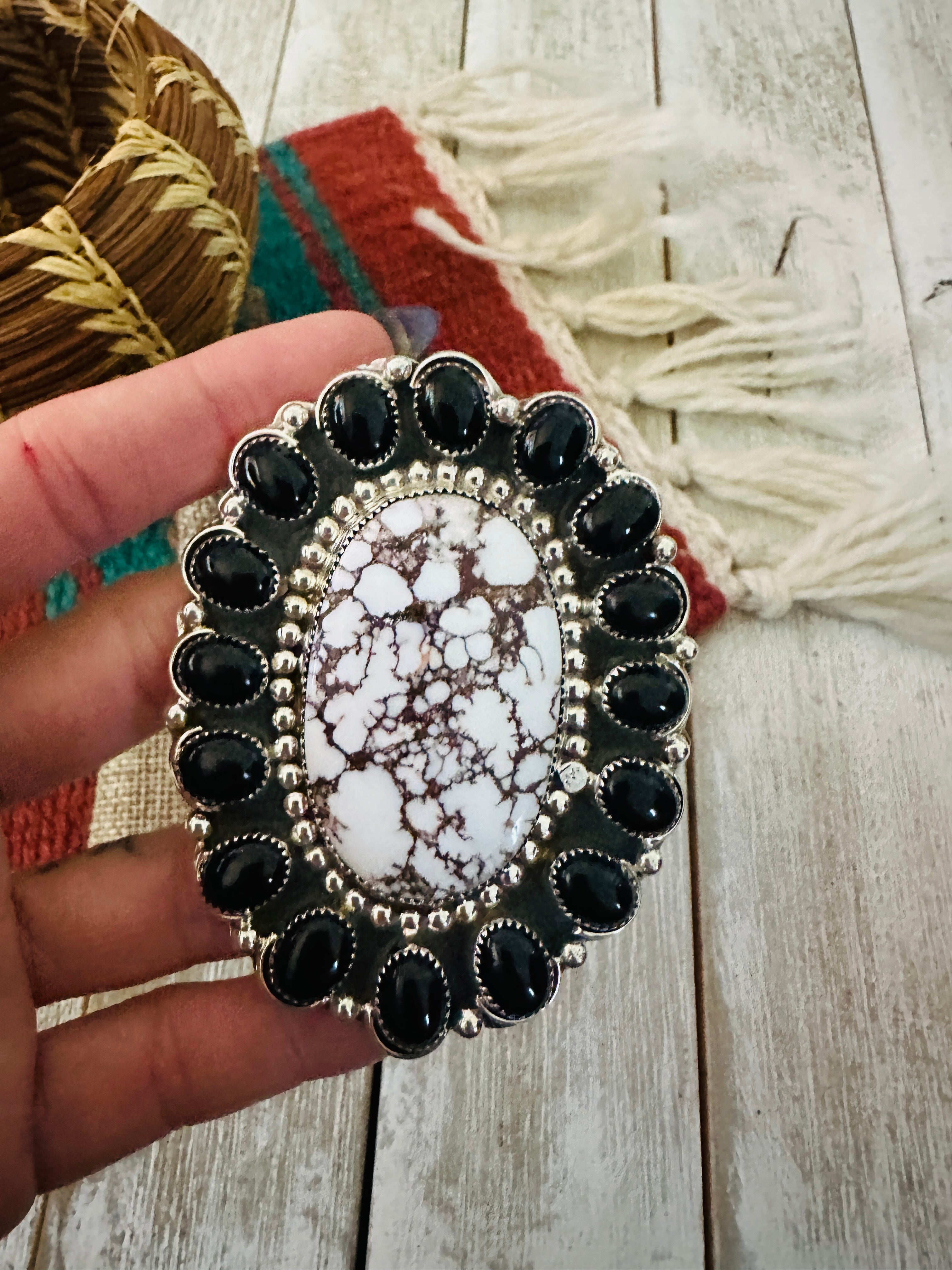 Handcrafted Black Onyx, Wild Horse & Sterling Silver Cluster Ring size 10.25