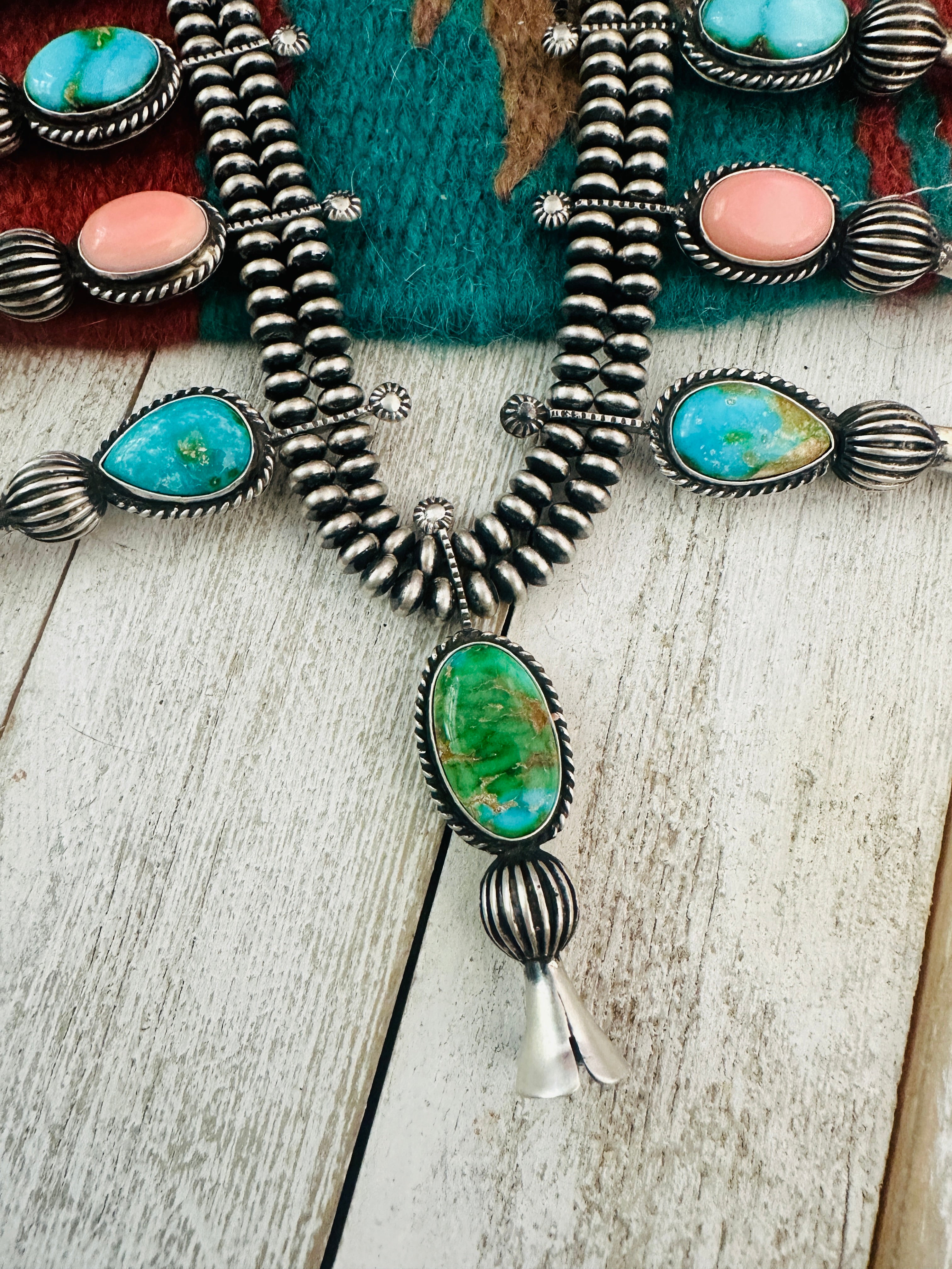 Navajo Turquoise, Pink Conch & Sterling Silver Necklace Set by Russell Sam