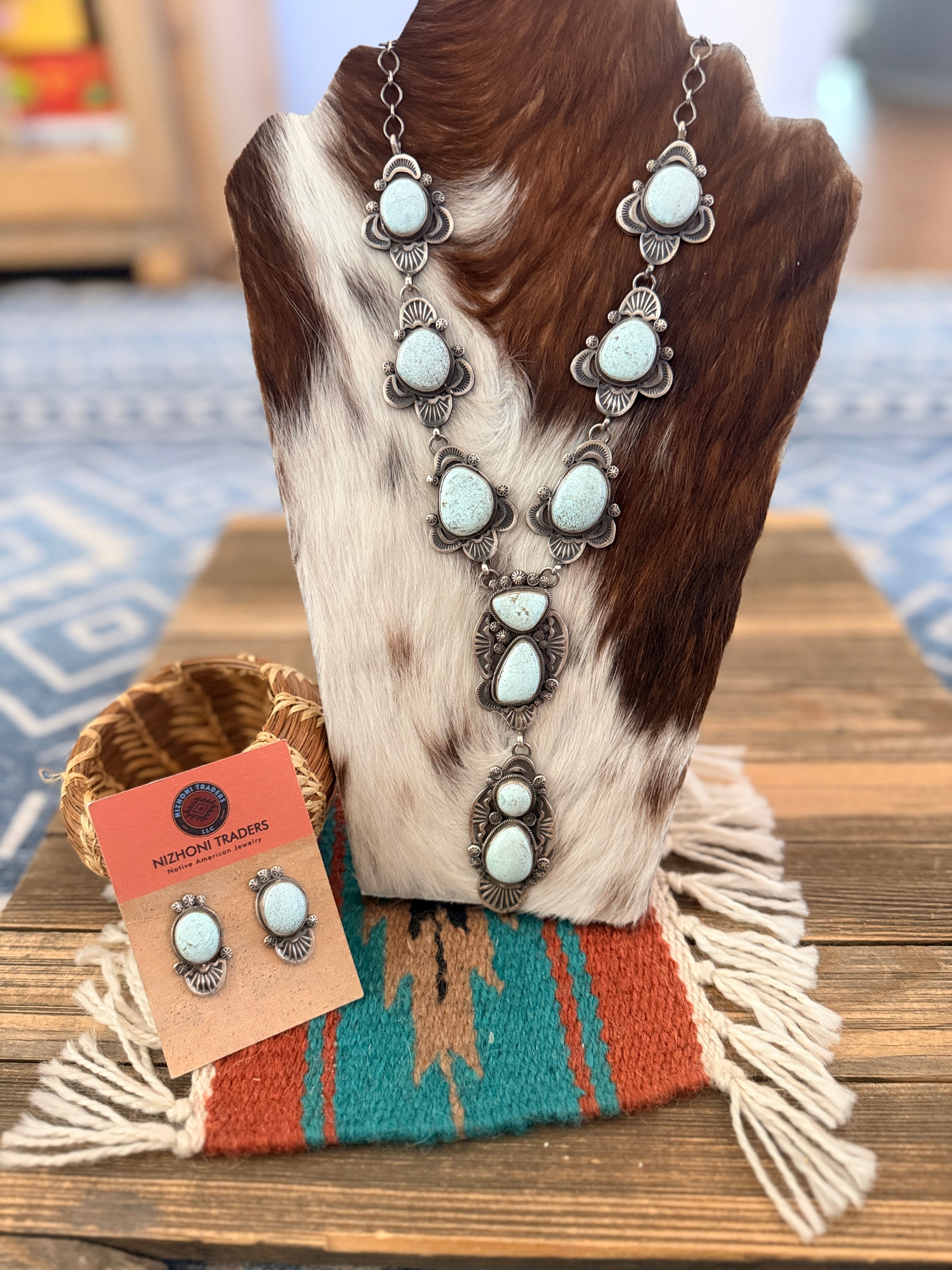 Handcrafted Dry Creek Turquoise & Sterling Silver Necklace and Earring Set by Gilbert Tom